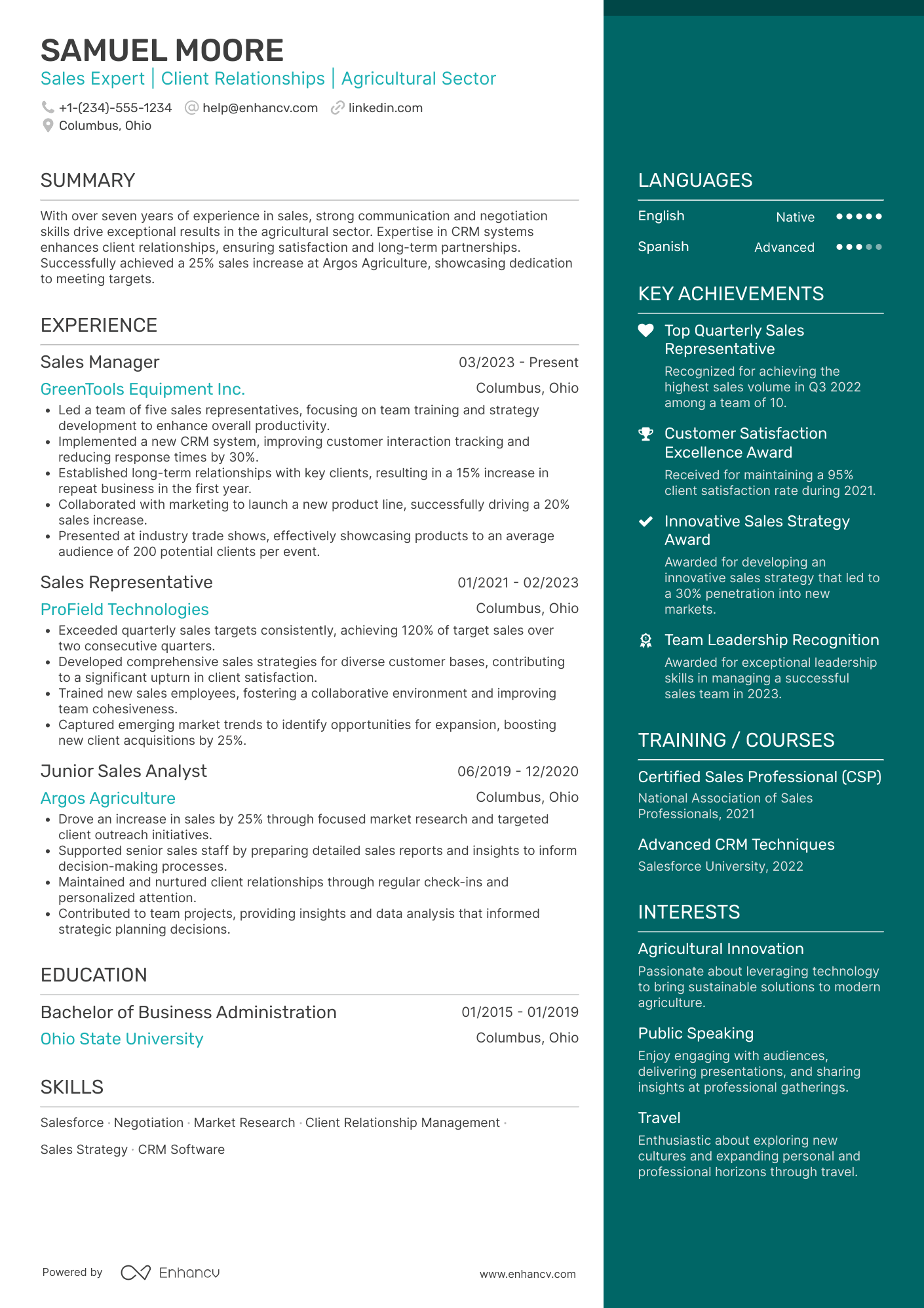 A resume example of a Salesman