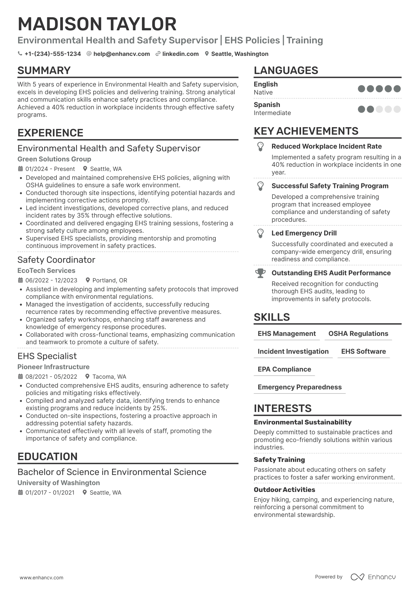 A resume example of a Environmental Health and Safety Supervisor