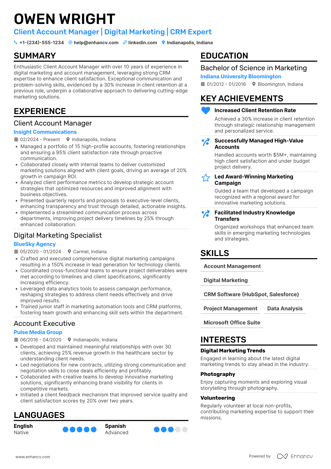 A resume example of a Client Account Manager