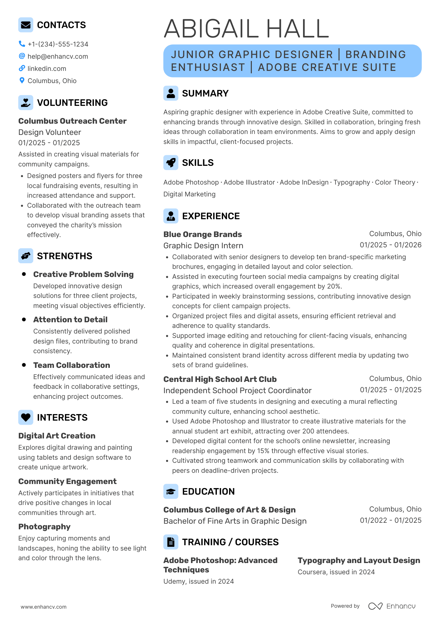 A resume example of a High School Student Graphic Designer