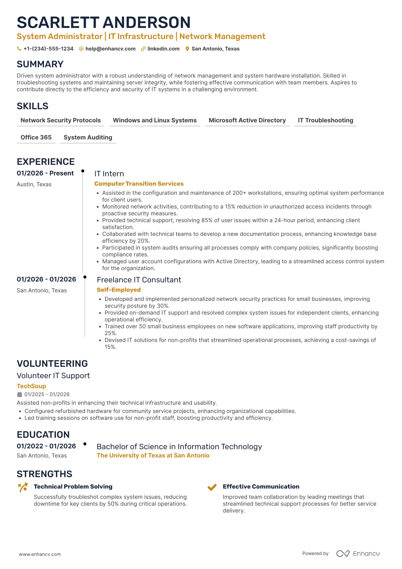 A resume example of a Entry Level System Administrator