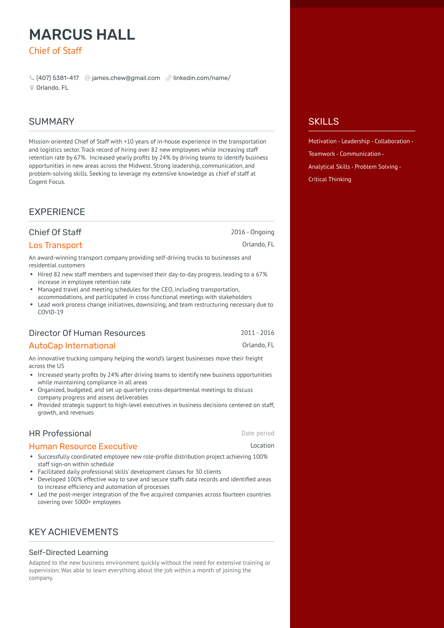 One Page Chief Of Staff Resume Template