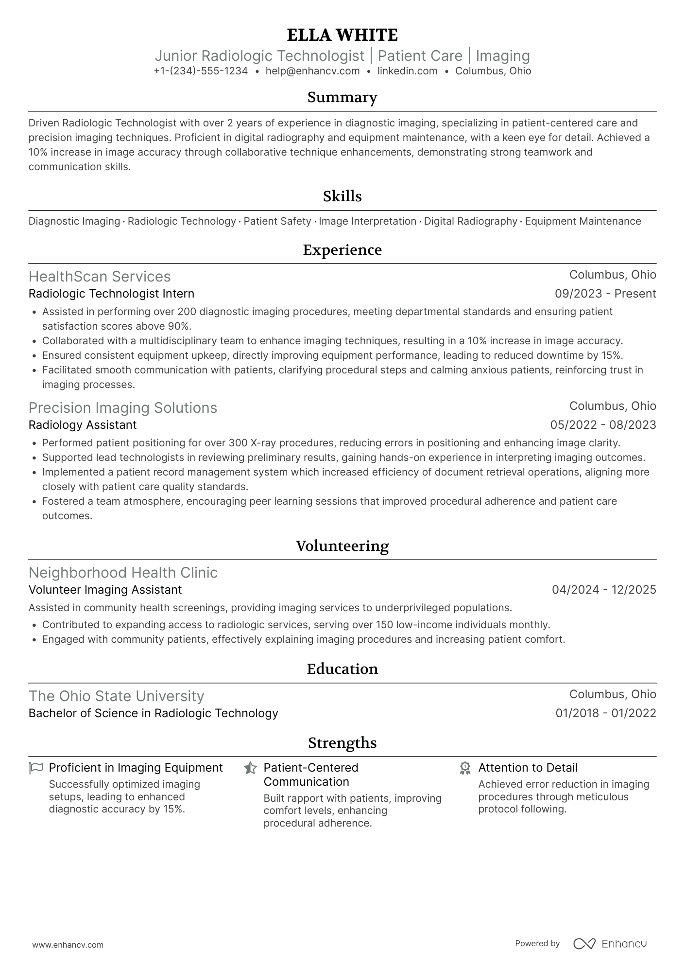 A resume example of a Junior Radiologic Technologist