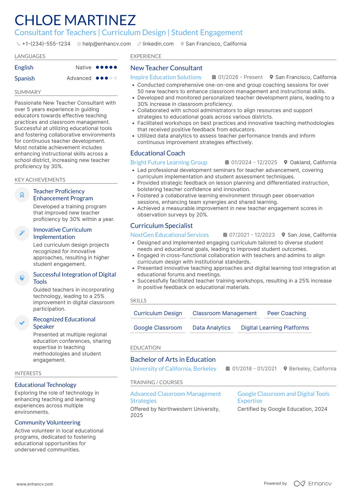 A resume example of a New Teacher Consultant