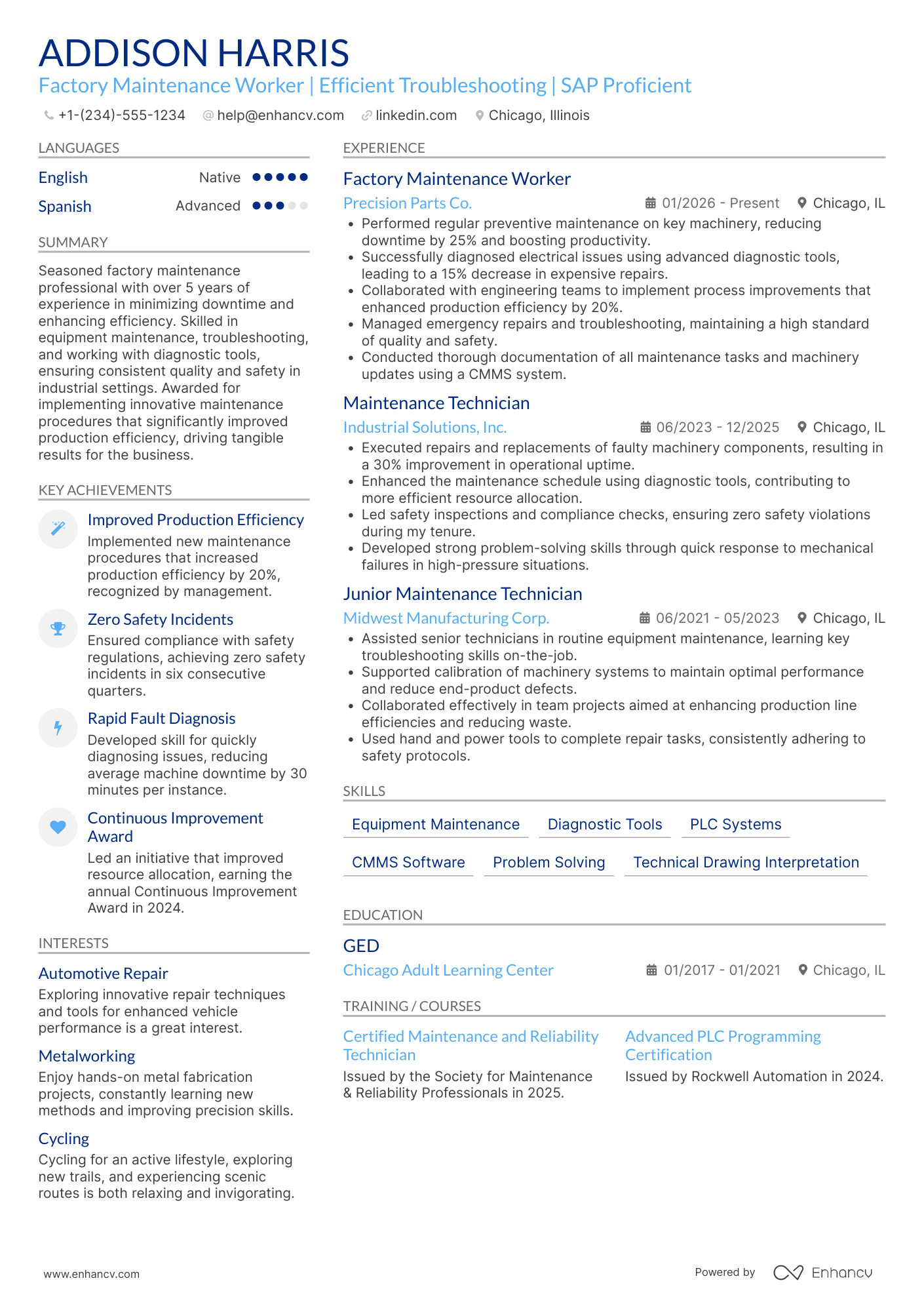 A resume example of a Factory Maintenance Worker