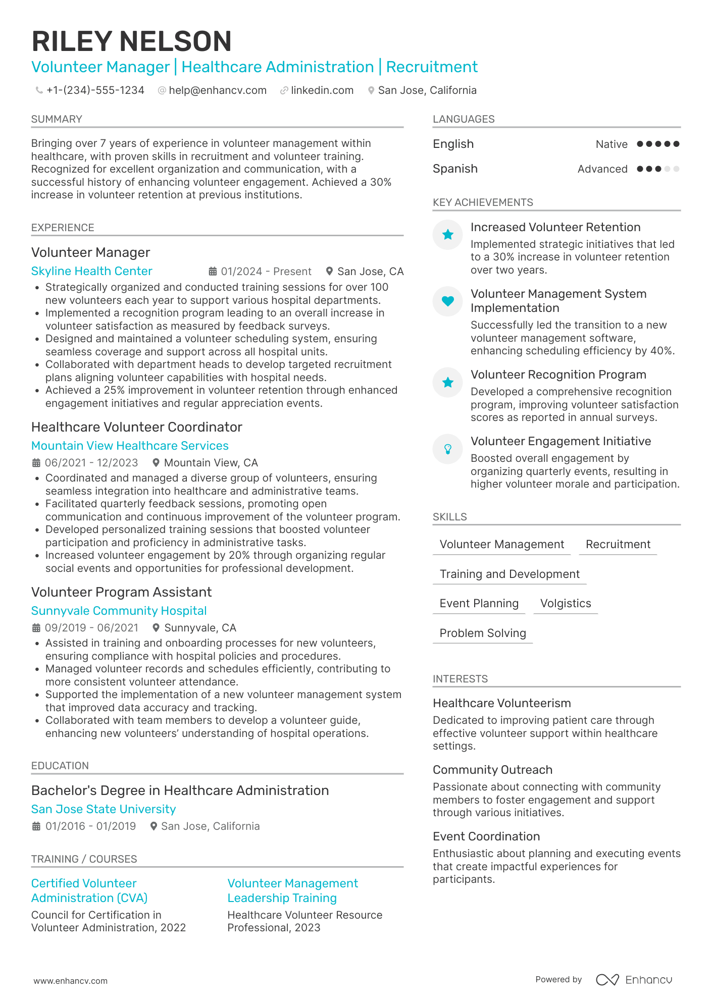A resume example of a Hospital Volunteer Manager