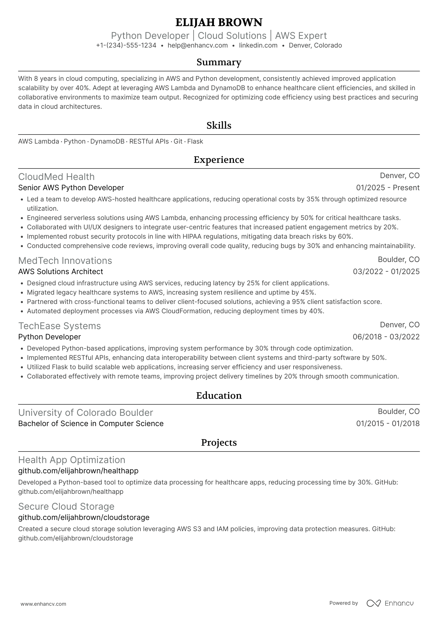 A resume example of a AWS Python Developer