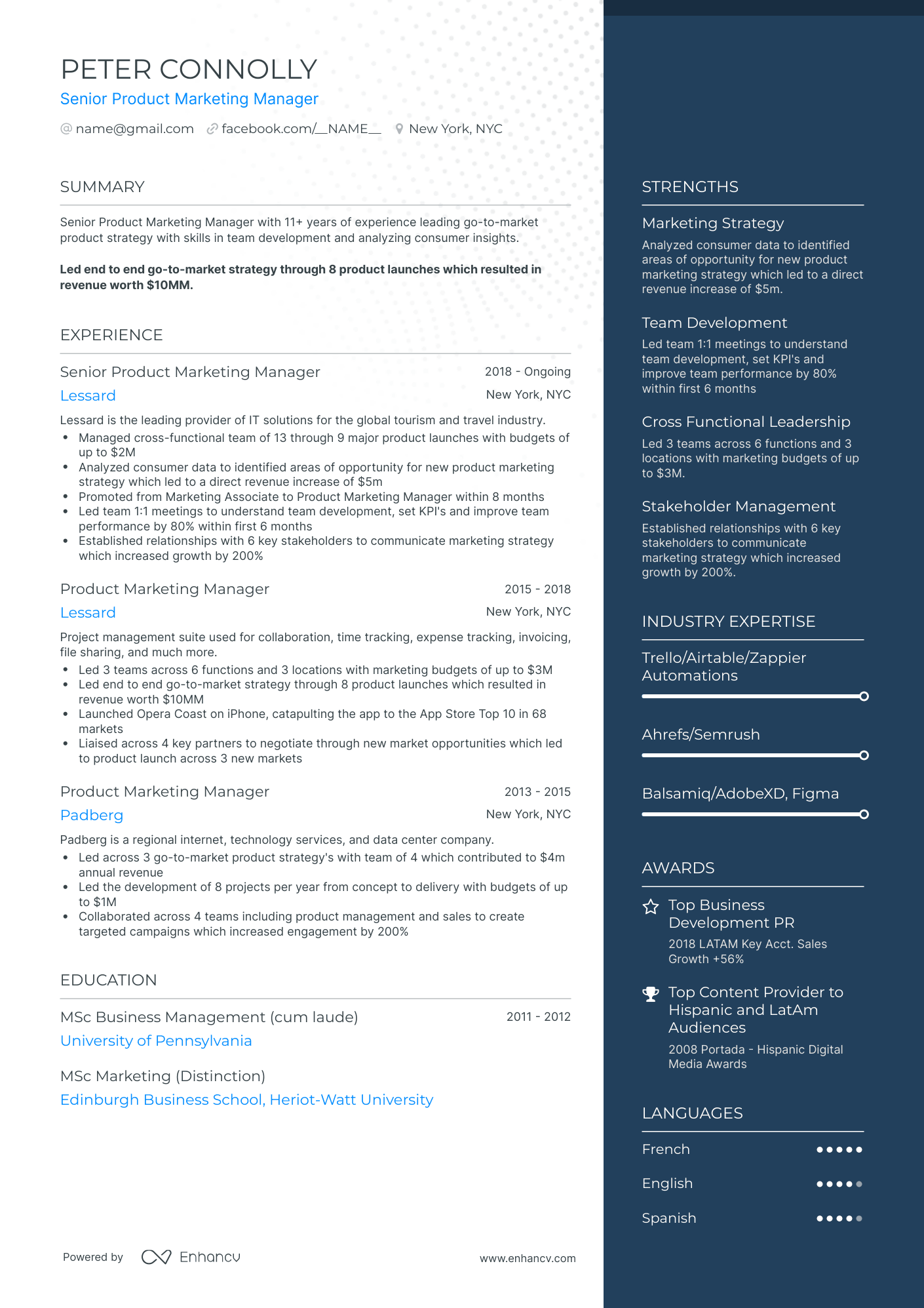 One Page Product Marketing Manager Resume Template