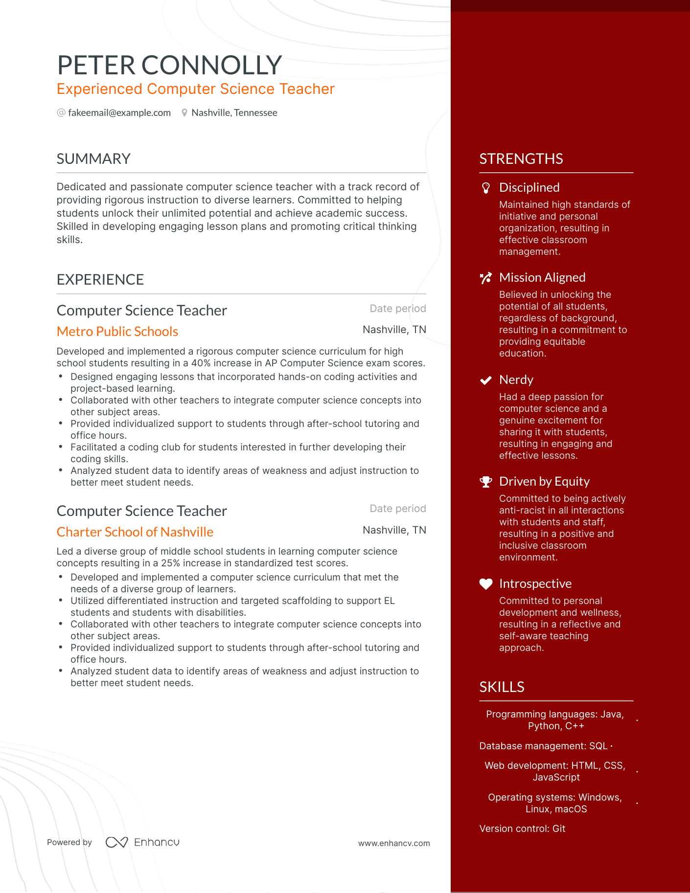 One Page Computer Science Teacher Resume Template