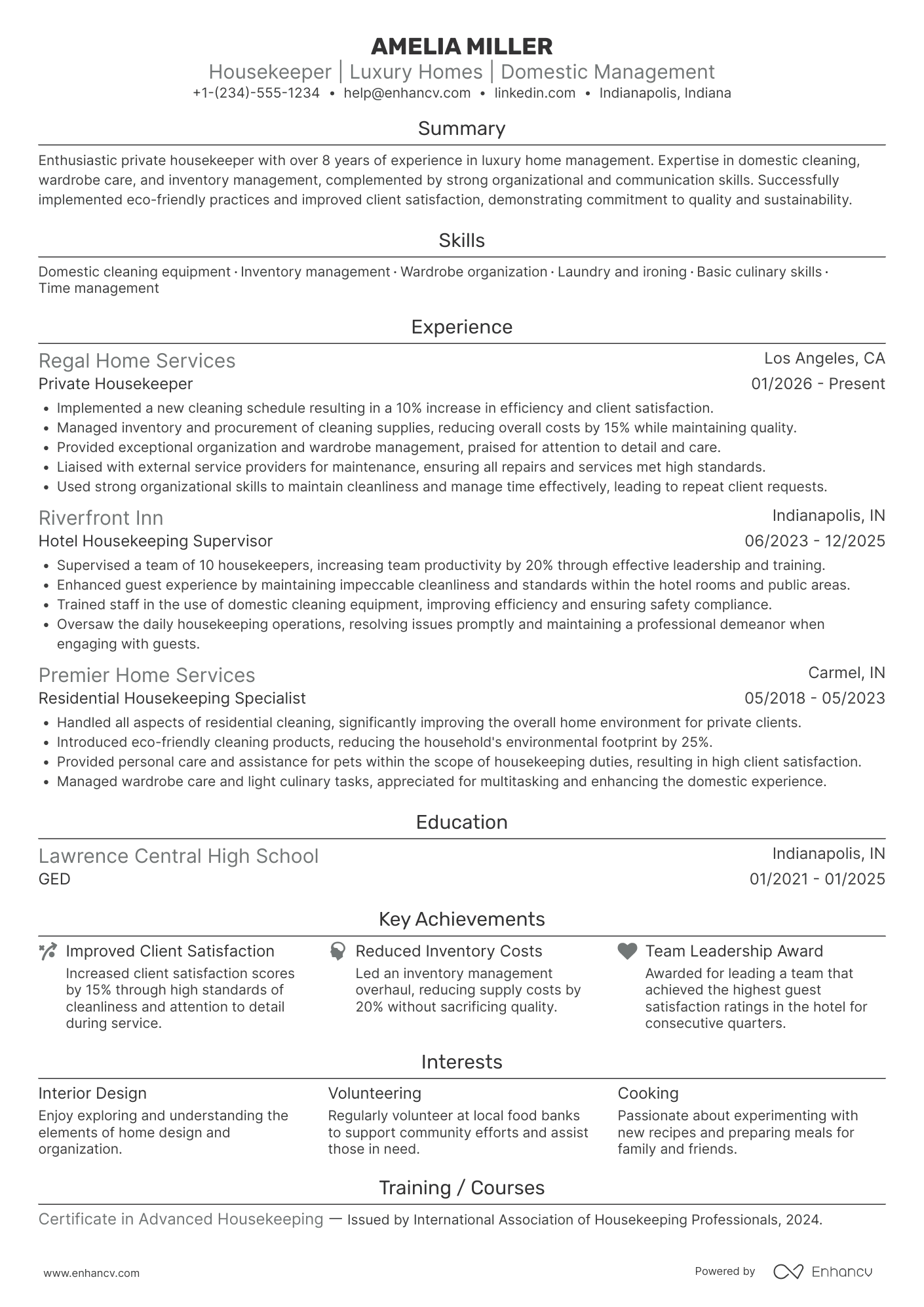 A resume example of a Private Housekeeper