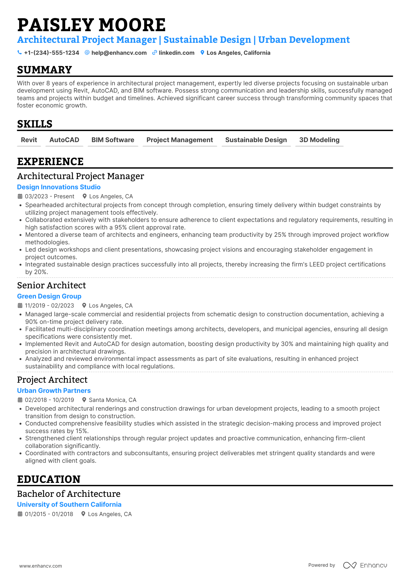 A resume example of a Architectural Project Manager