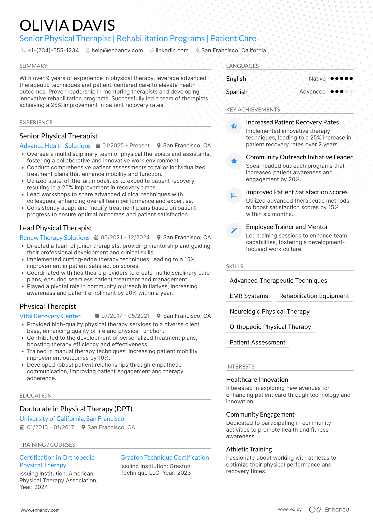 A resume example of a Senior Physical Therapist