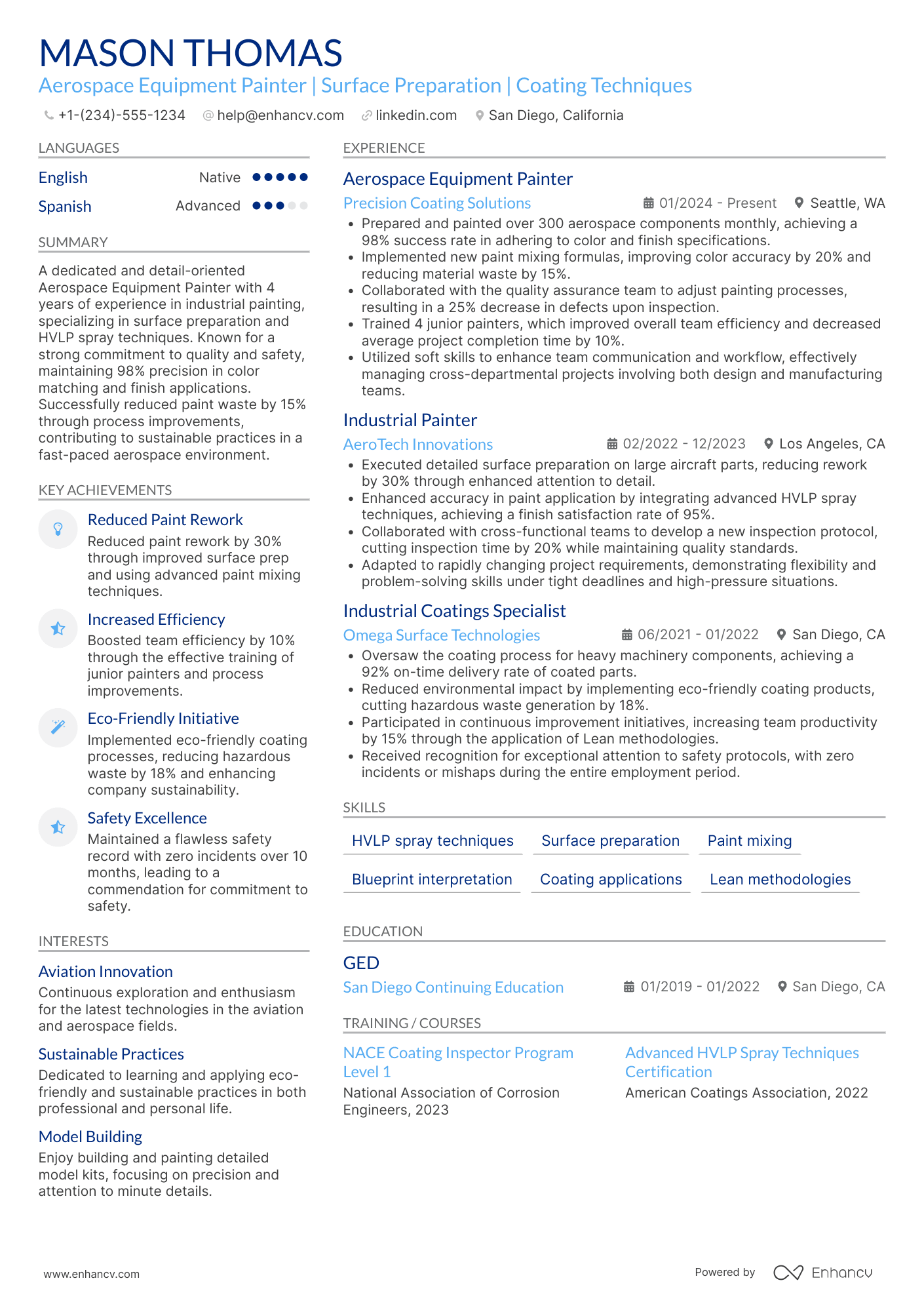 A resume example of a Aerospace Equipment Painter