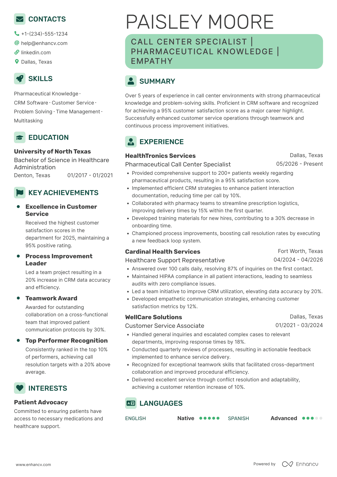 A resume example of a Pharmaceutical Call Center Representative