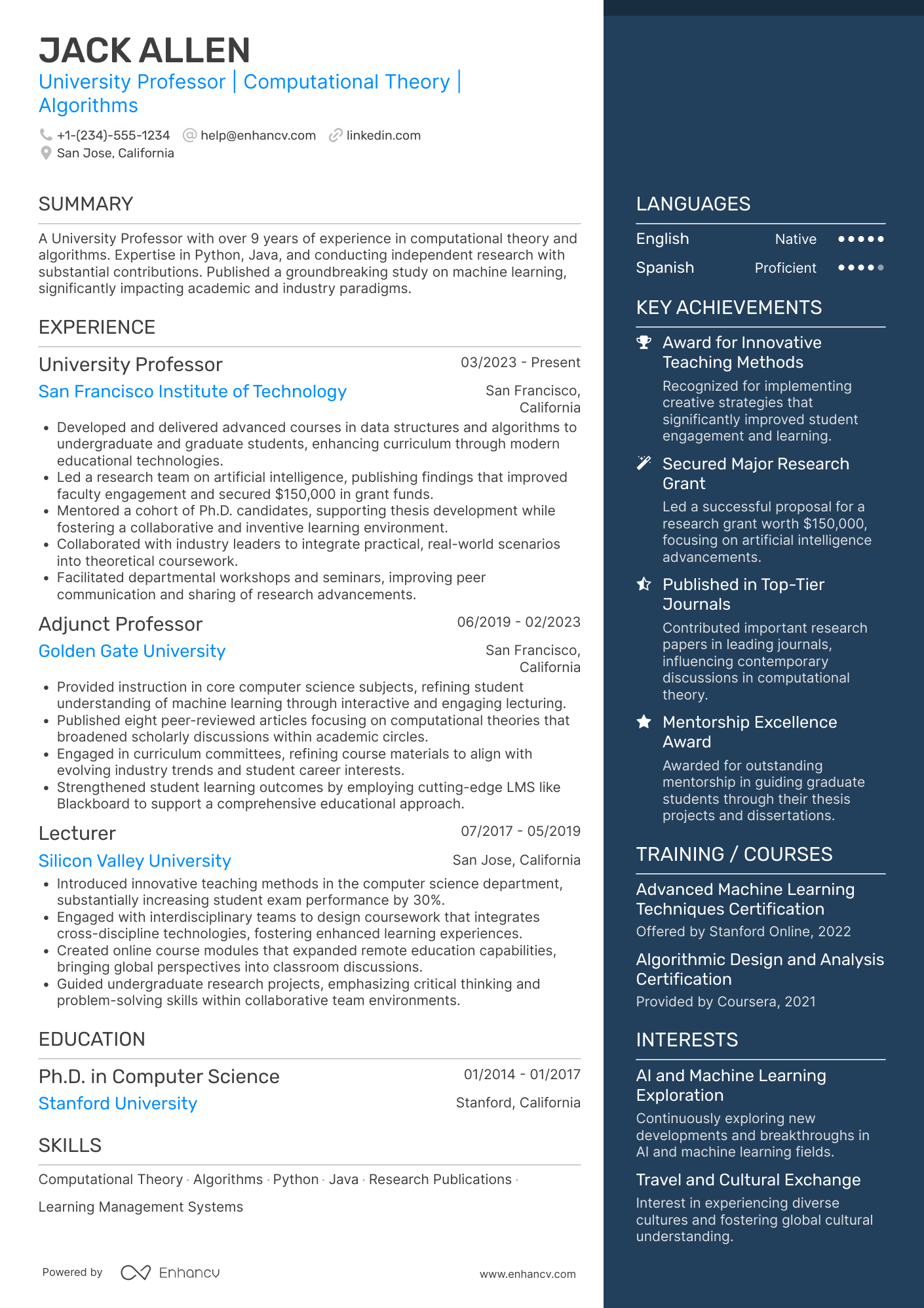 A resume example of a University Professor