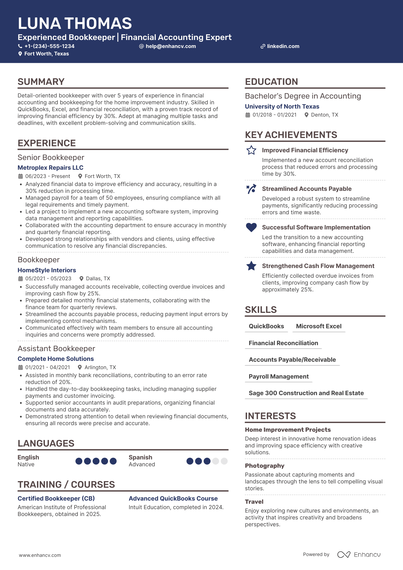 A resume example of a Part Time Bookkeeper