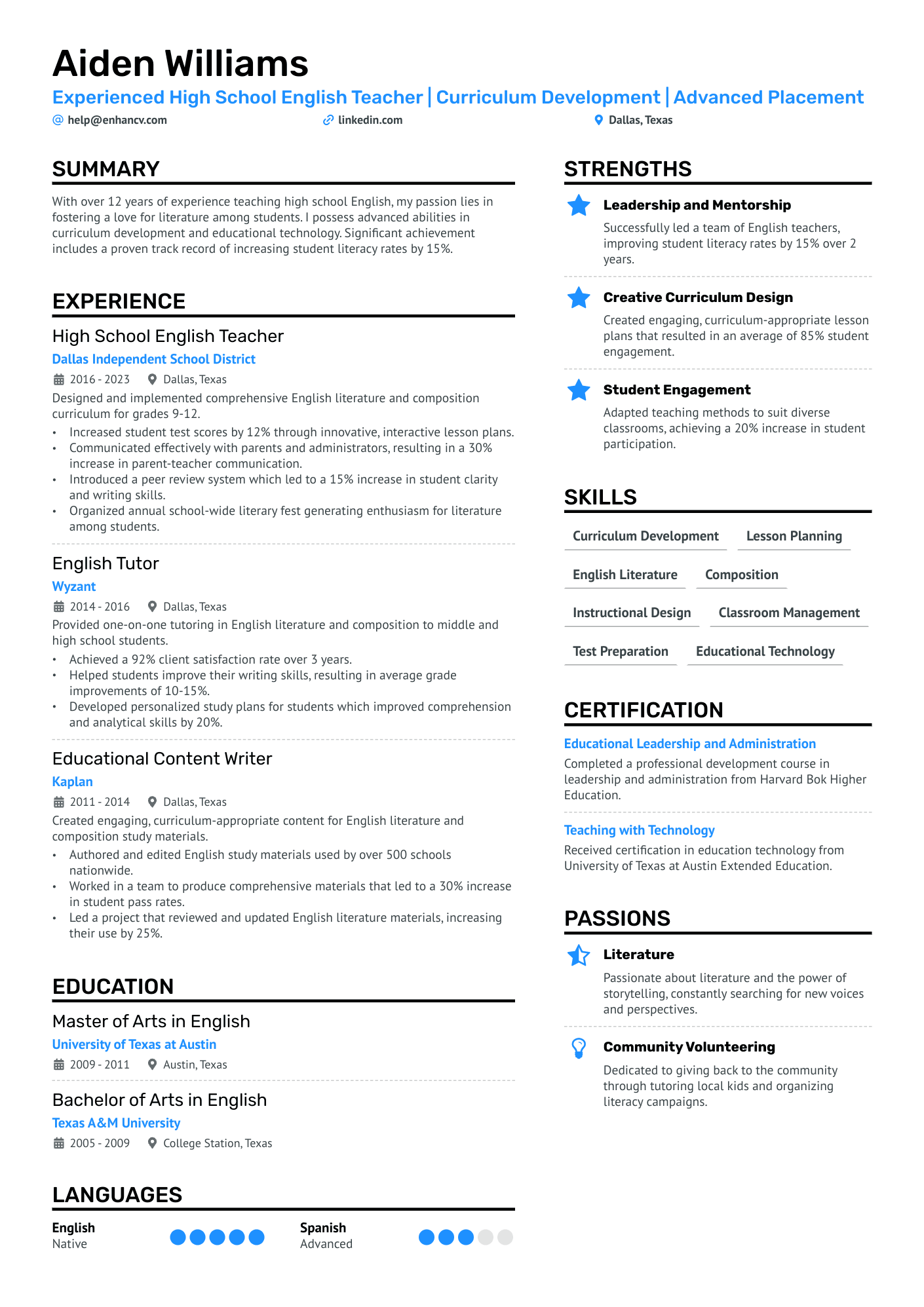 resume format for english teacher in india