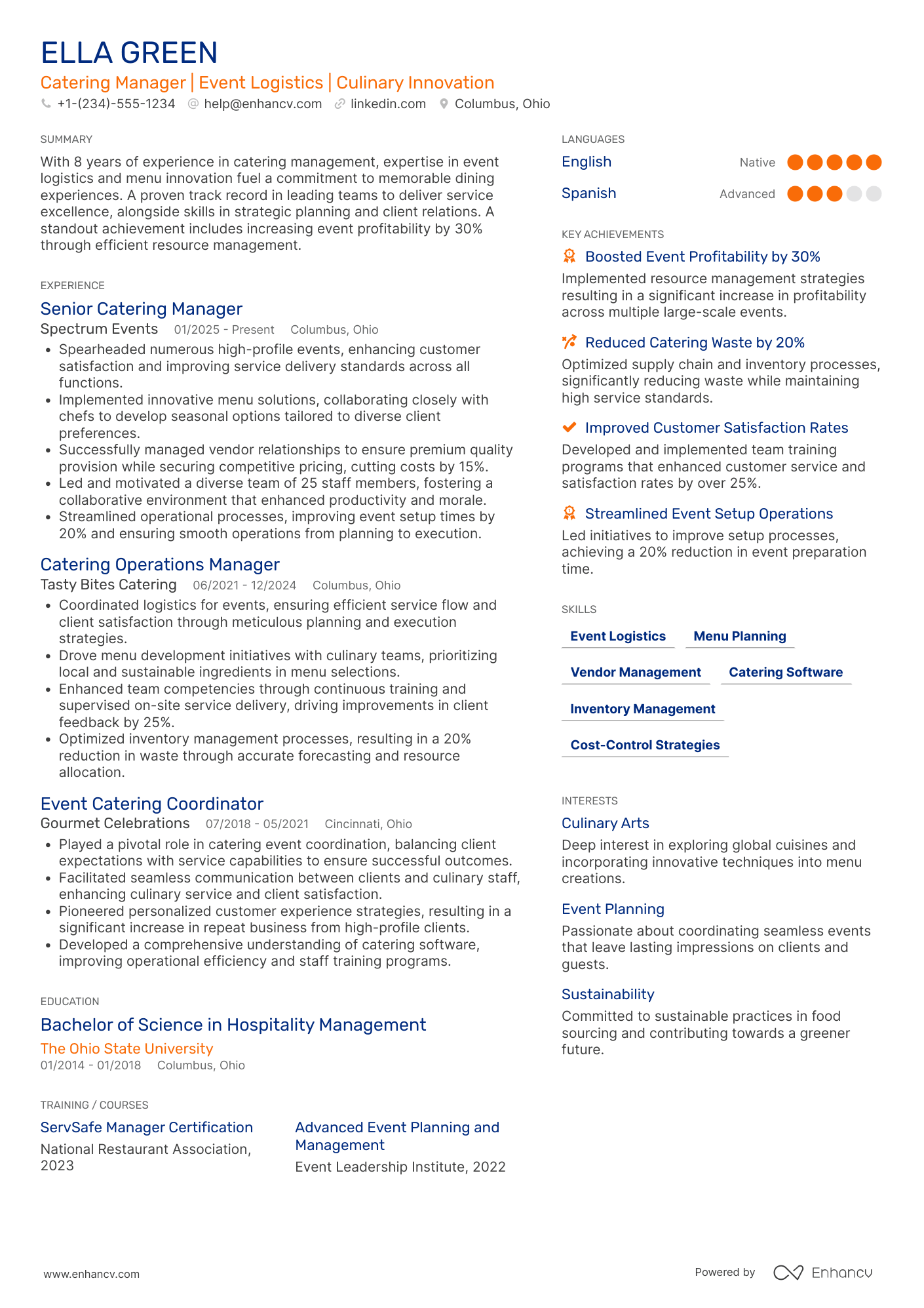 A resume example of a Catering Restaurant Manager