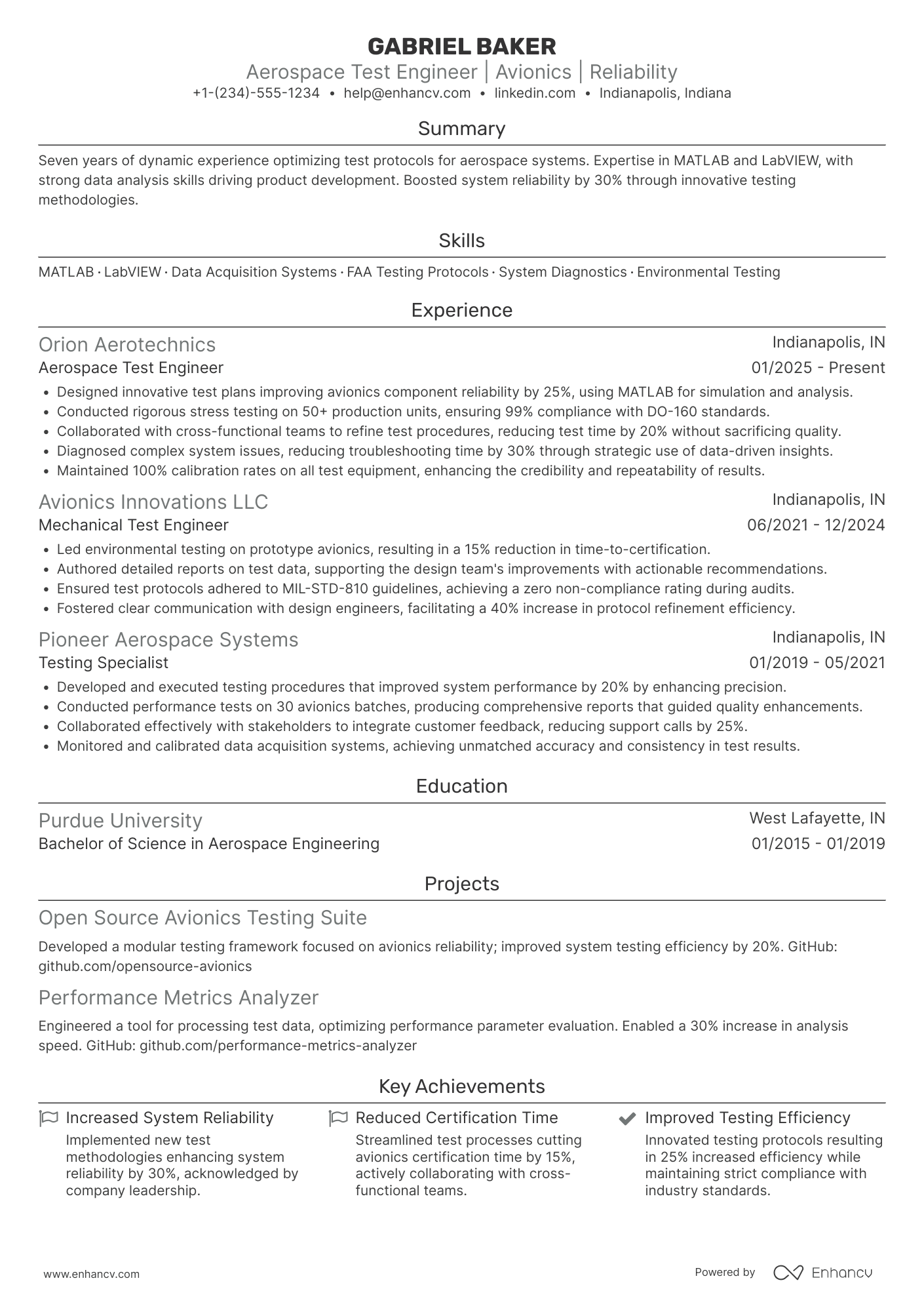 A resume example of a Aerospace Test Engineer
