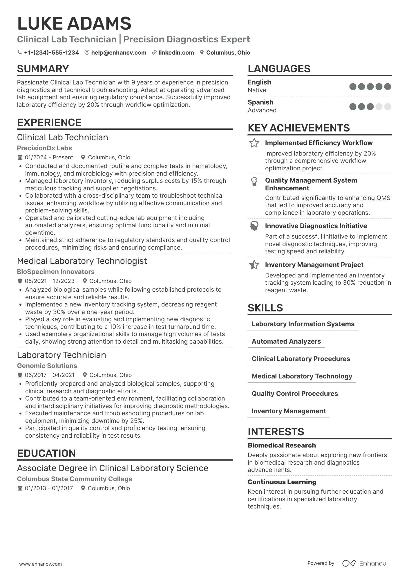 A resume example of a Clinical Lab Technician