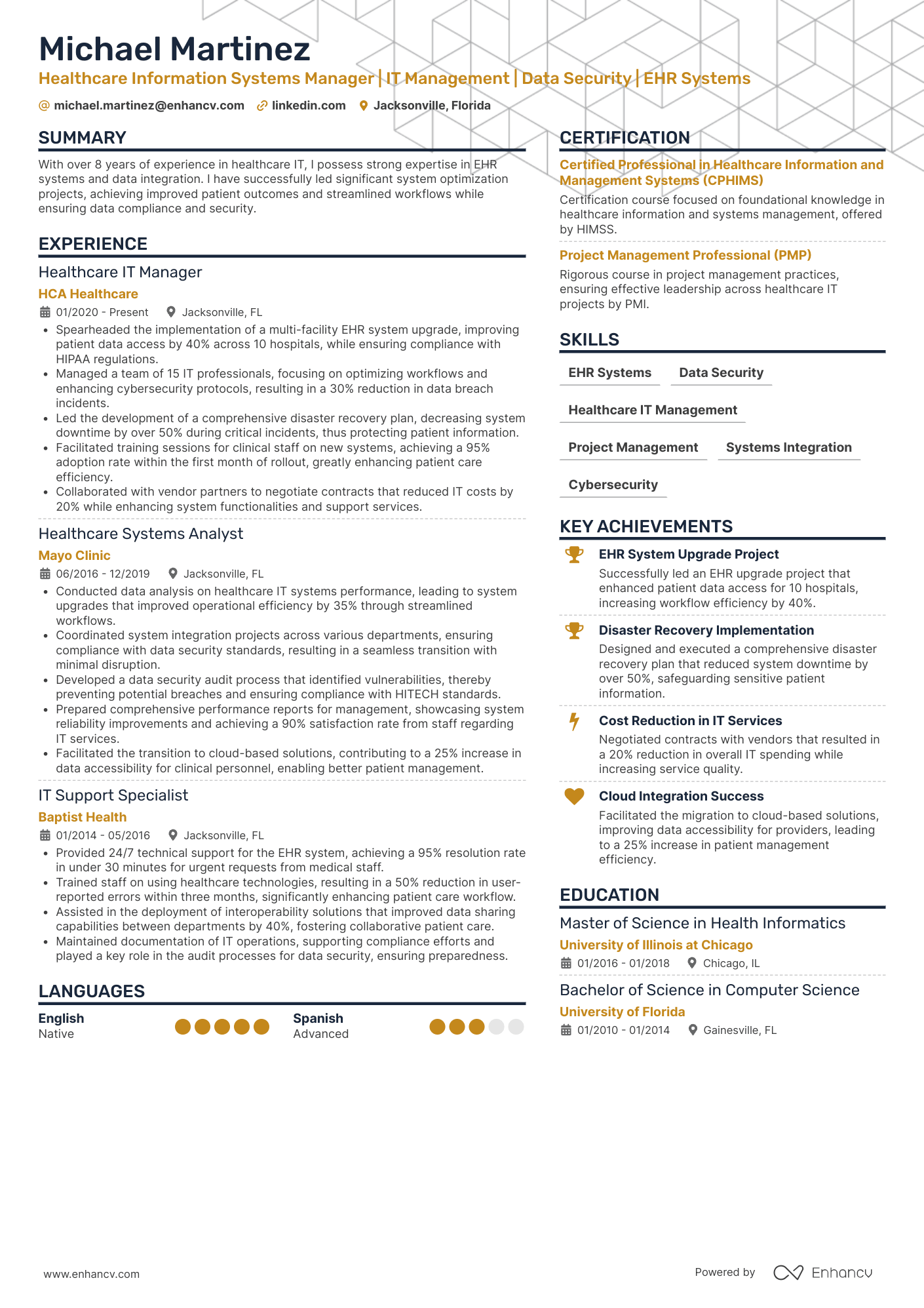 A resume example of a Healthcare Information Systems Manager