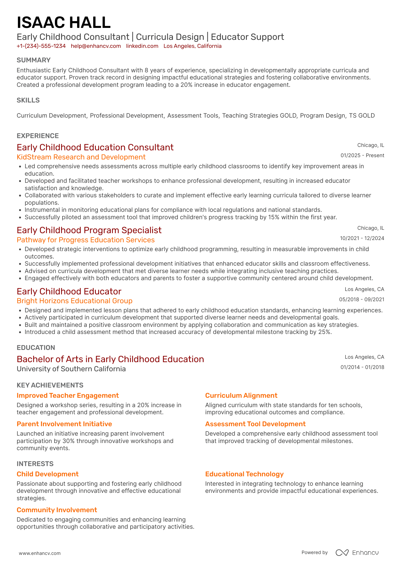 A resume example of a Early Childhood Teacher Consultant