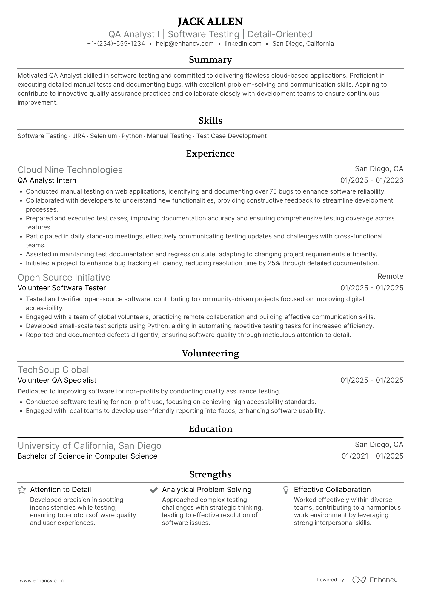 A resume example of a QA Analyst I (Entry Level)