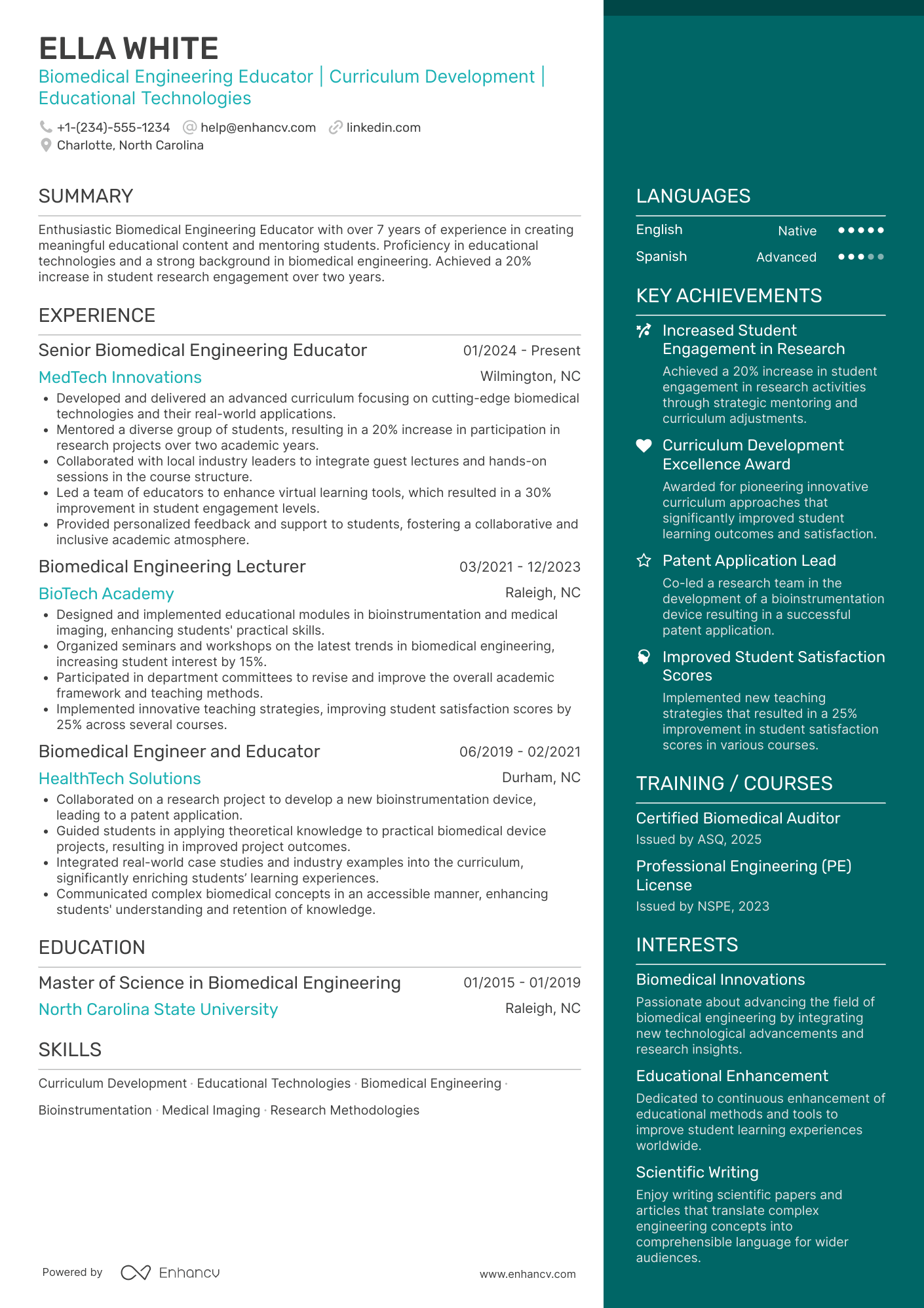 A resume example of a Biomedical Engineering Educator