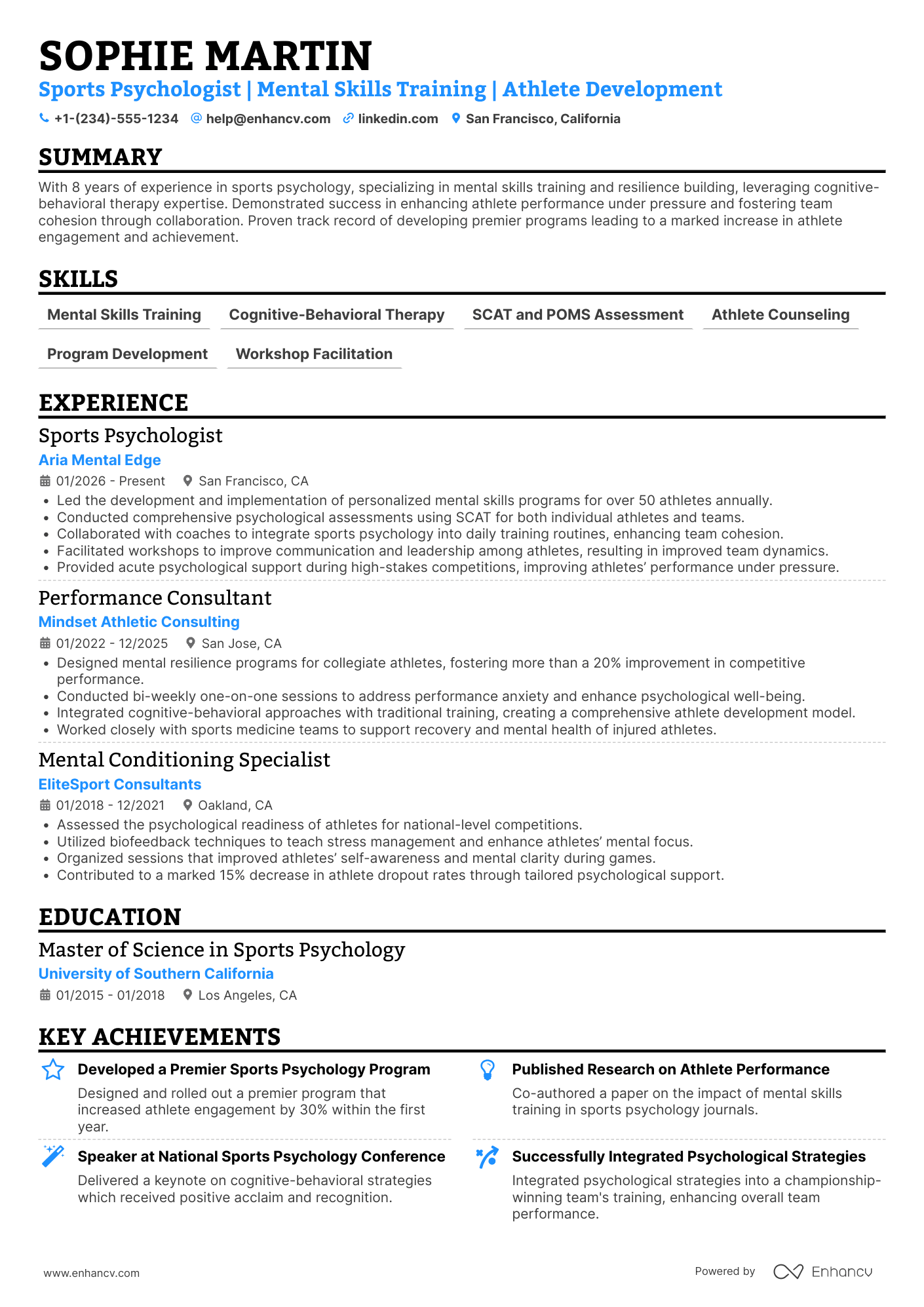 A resume example of a Sports Psychologist