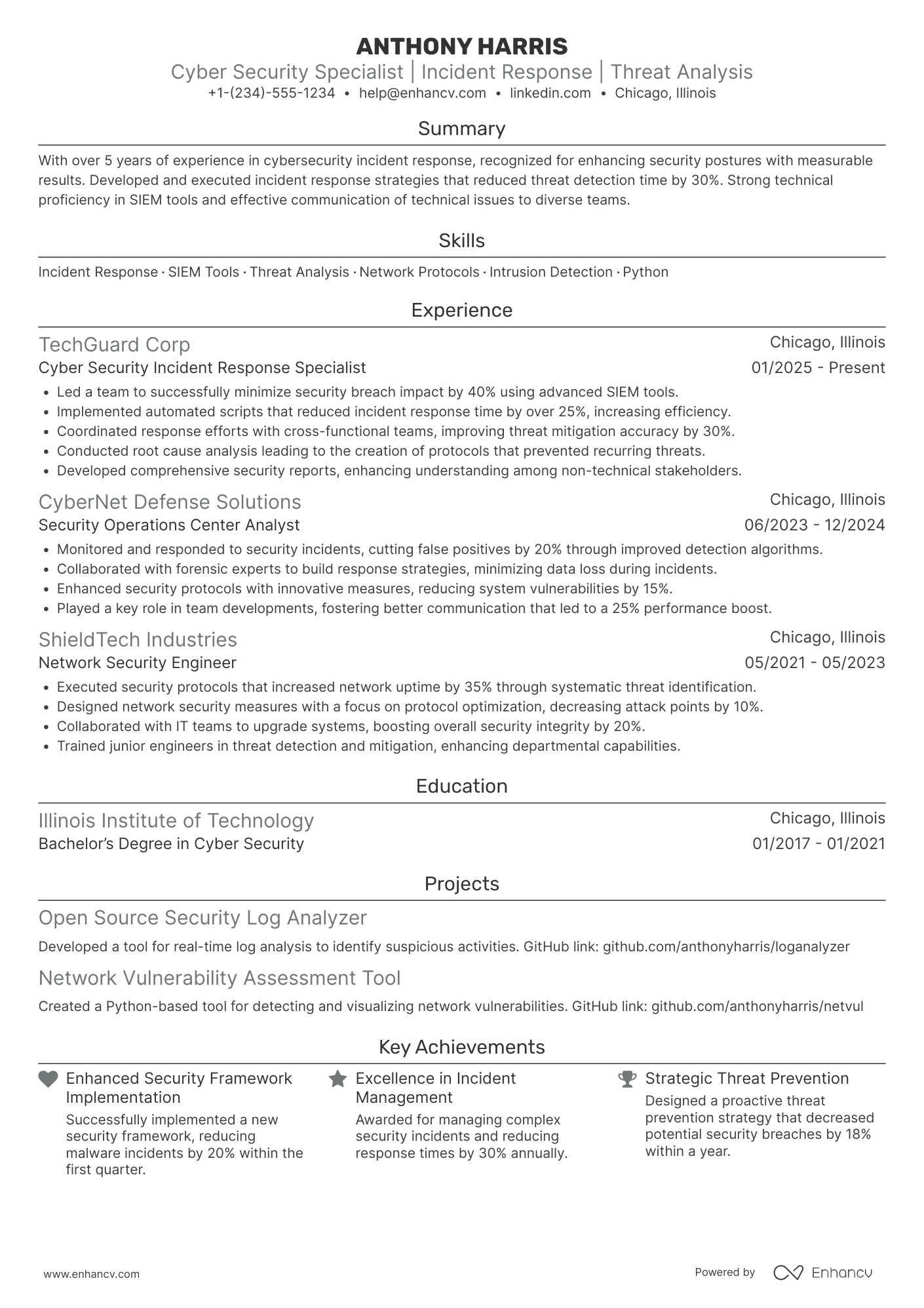 A resume example of a Cyber Security Incident Response Analyst