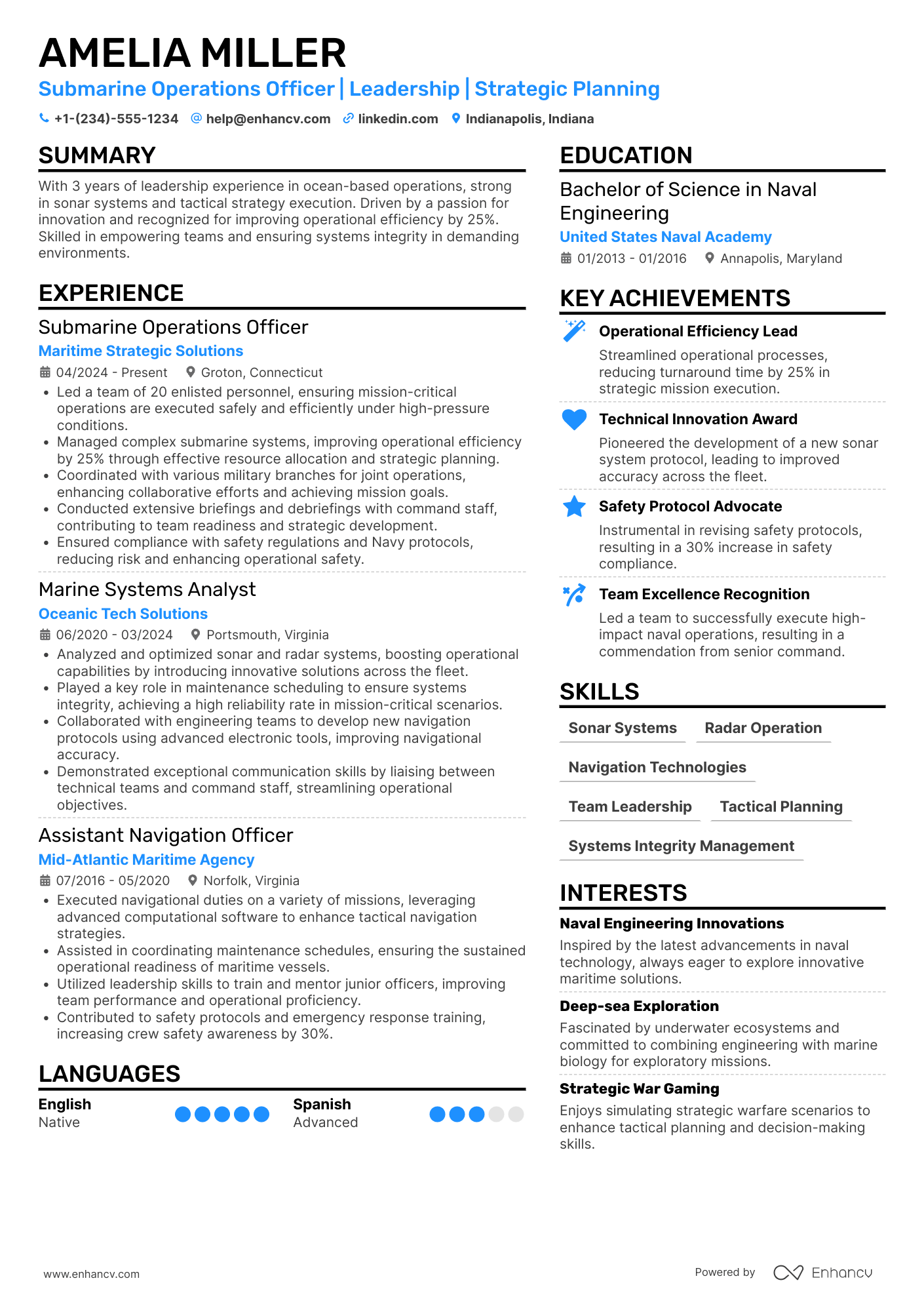 A resume example of a US Navy Submarine Officer