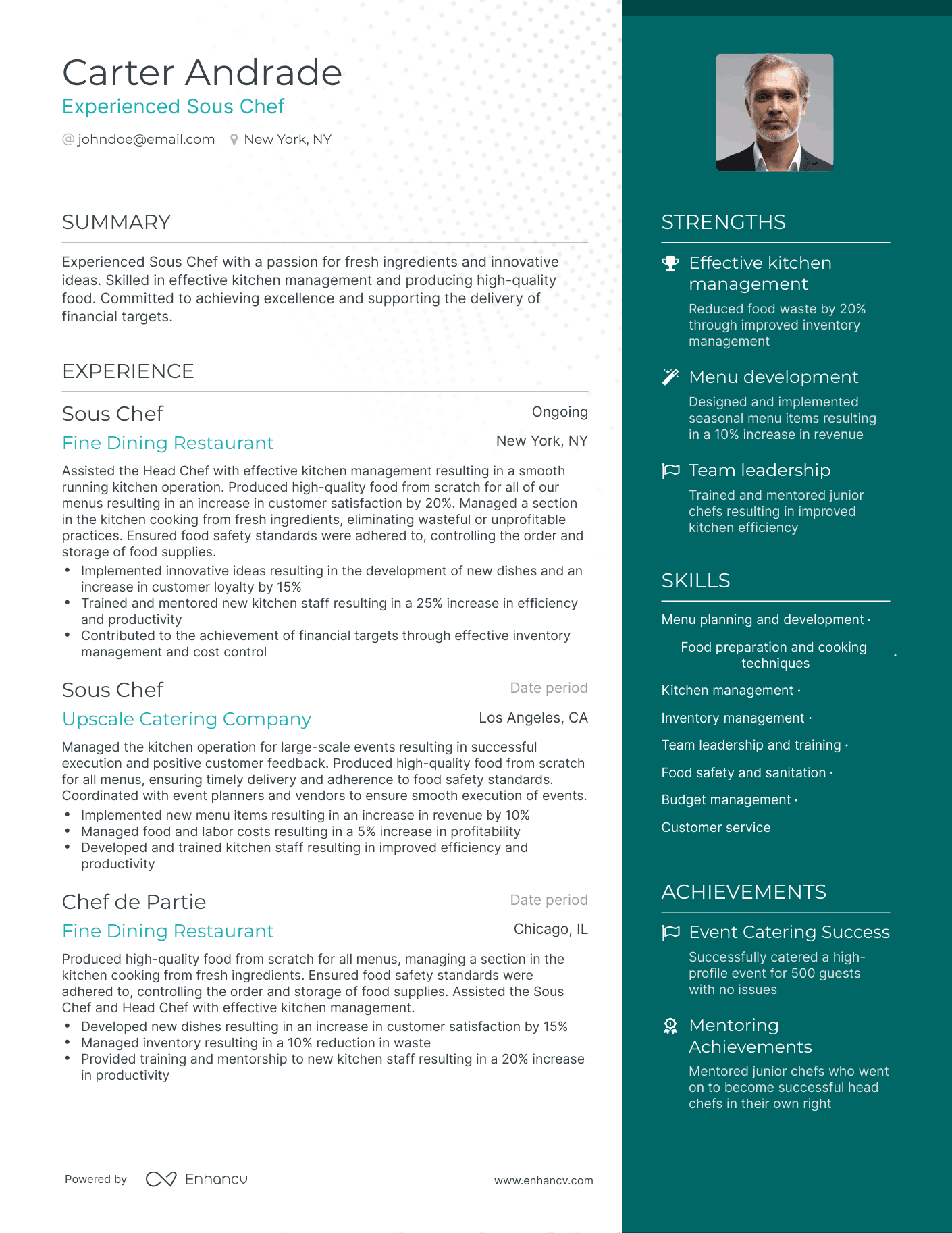 One Page Sous Chef Resume Template