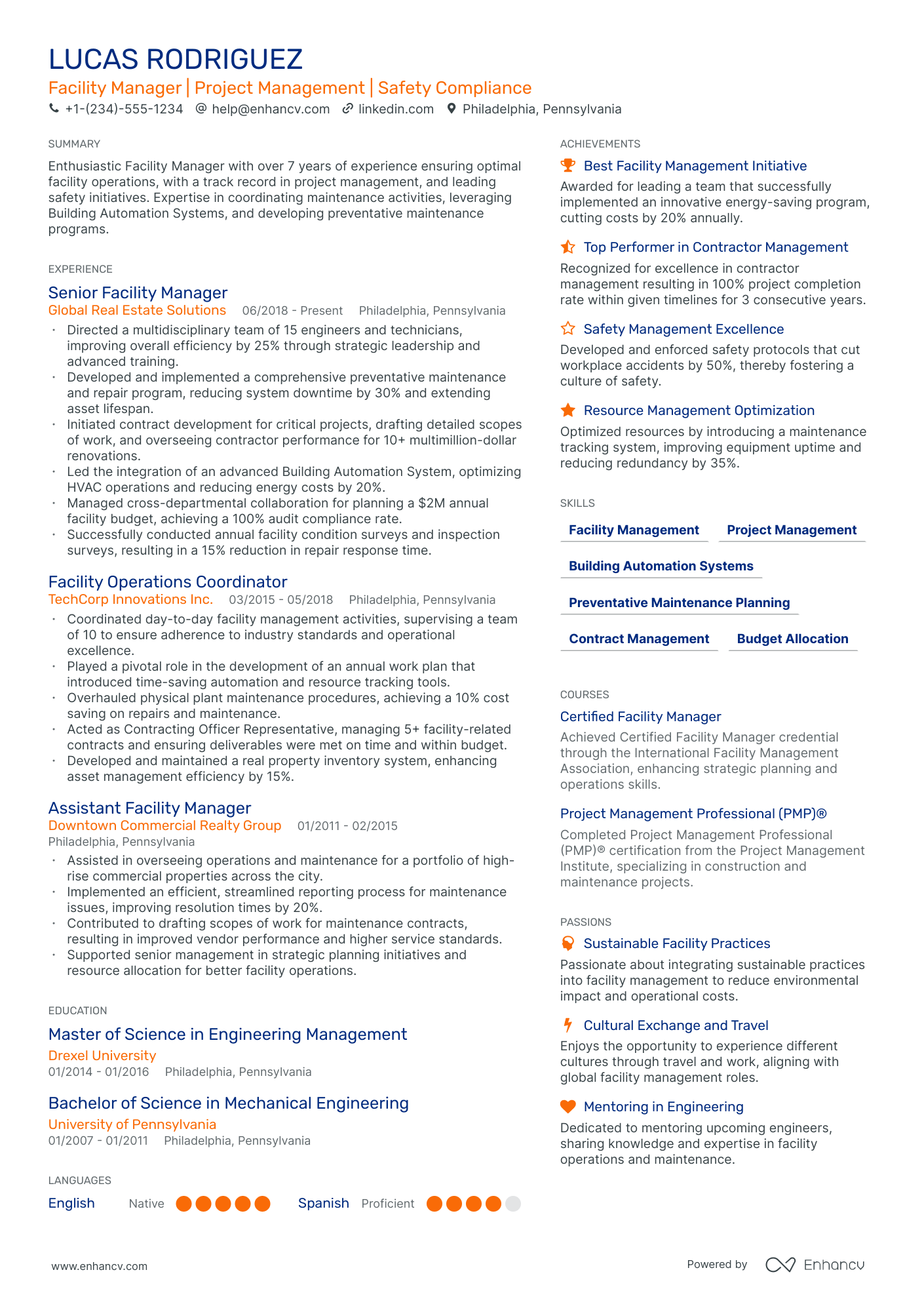 sample resume for facility project manager