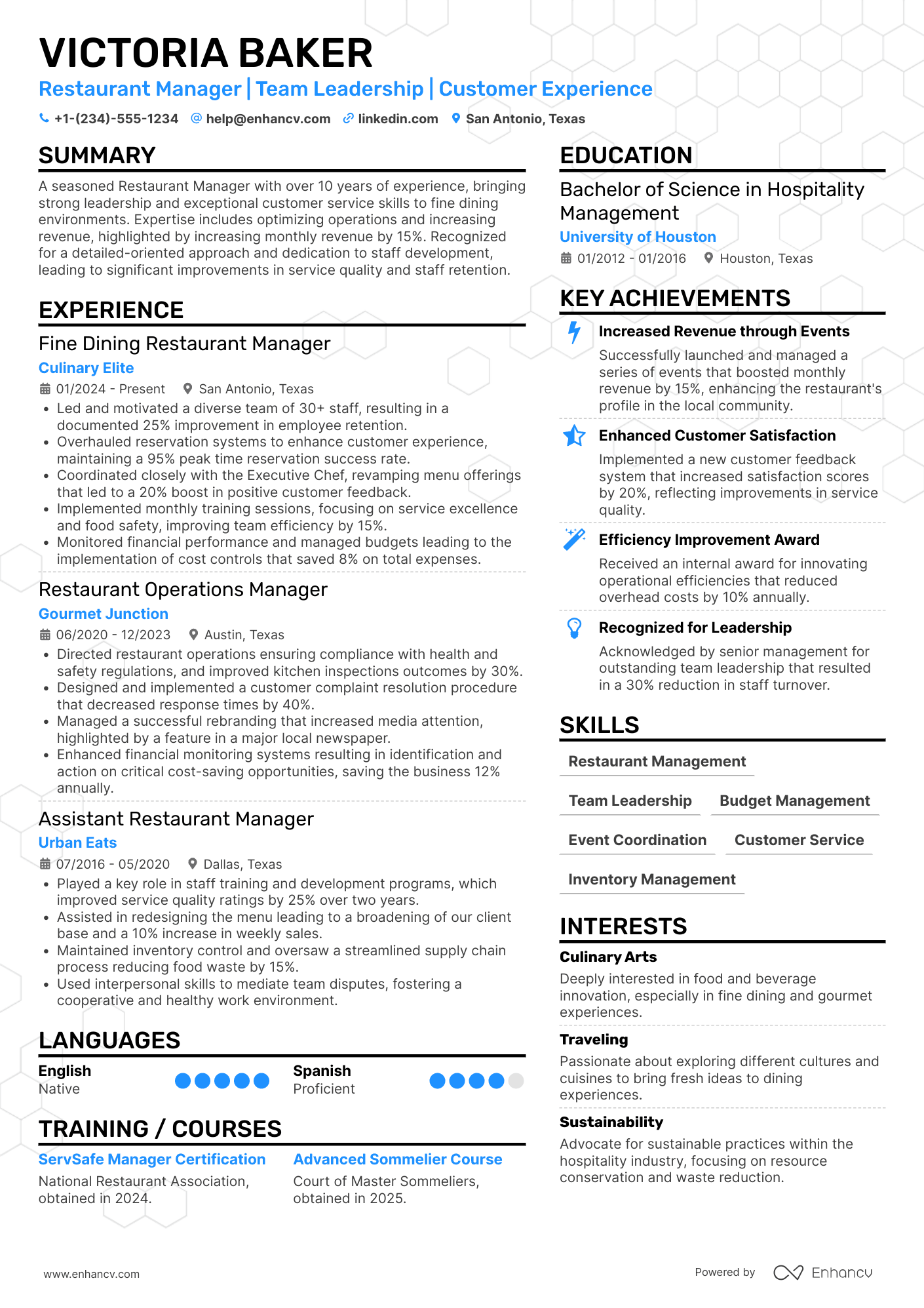 A resume example of a Fine Dining Restaurant Manager