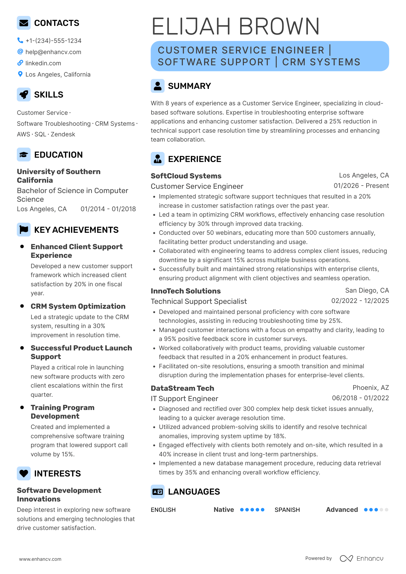 A resume example of a Customer Service Engineer