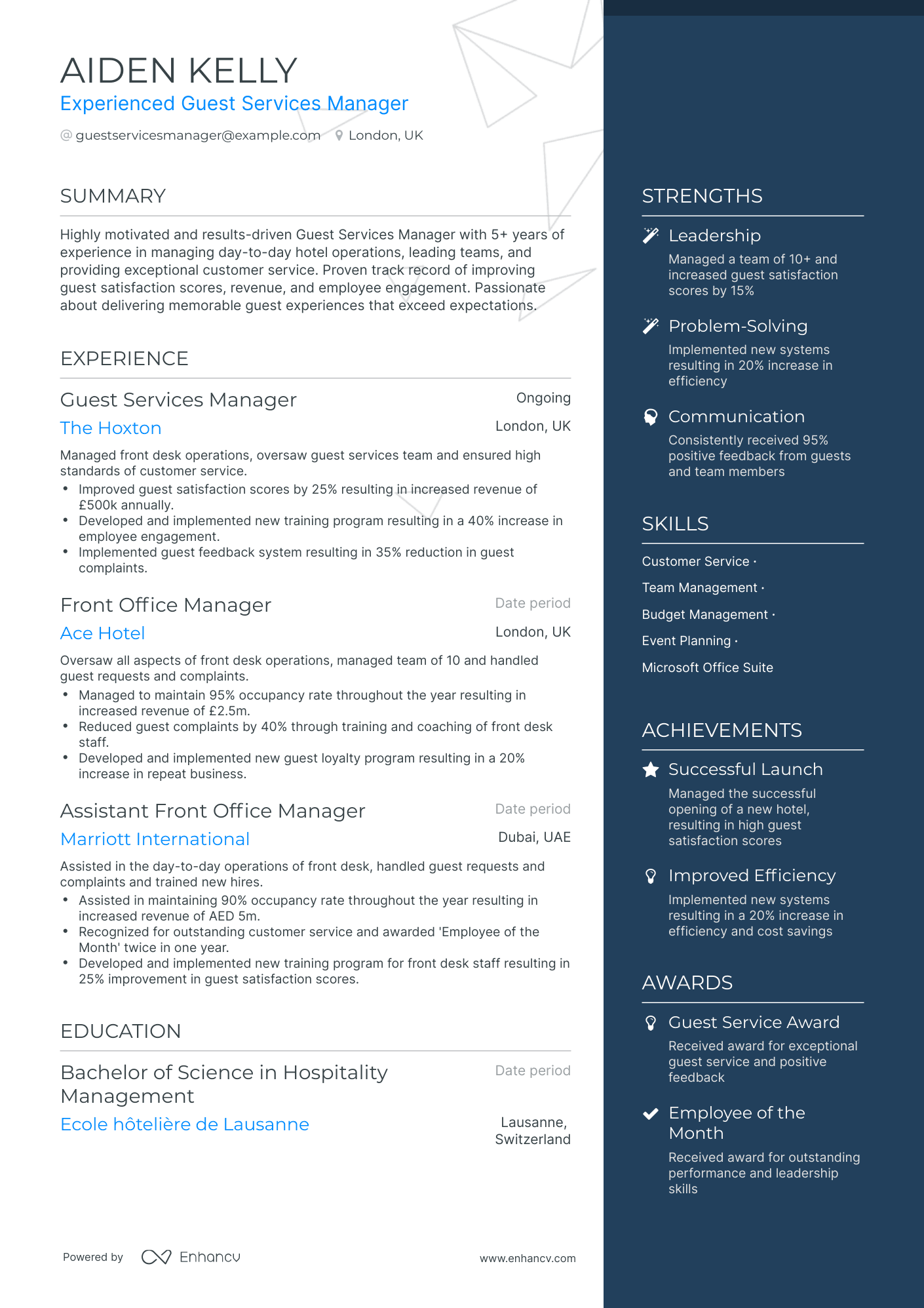 One Page Guest Services Manager Resume Template
