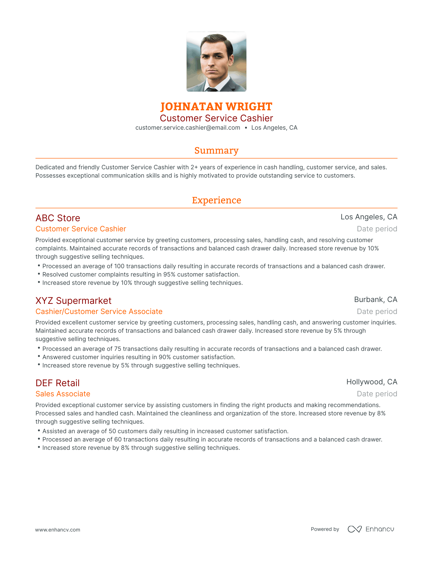 Traditional Customer Service Cashier Resume Template