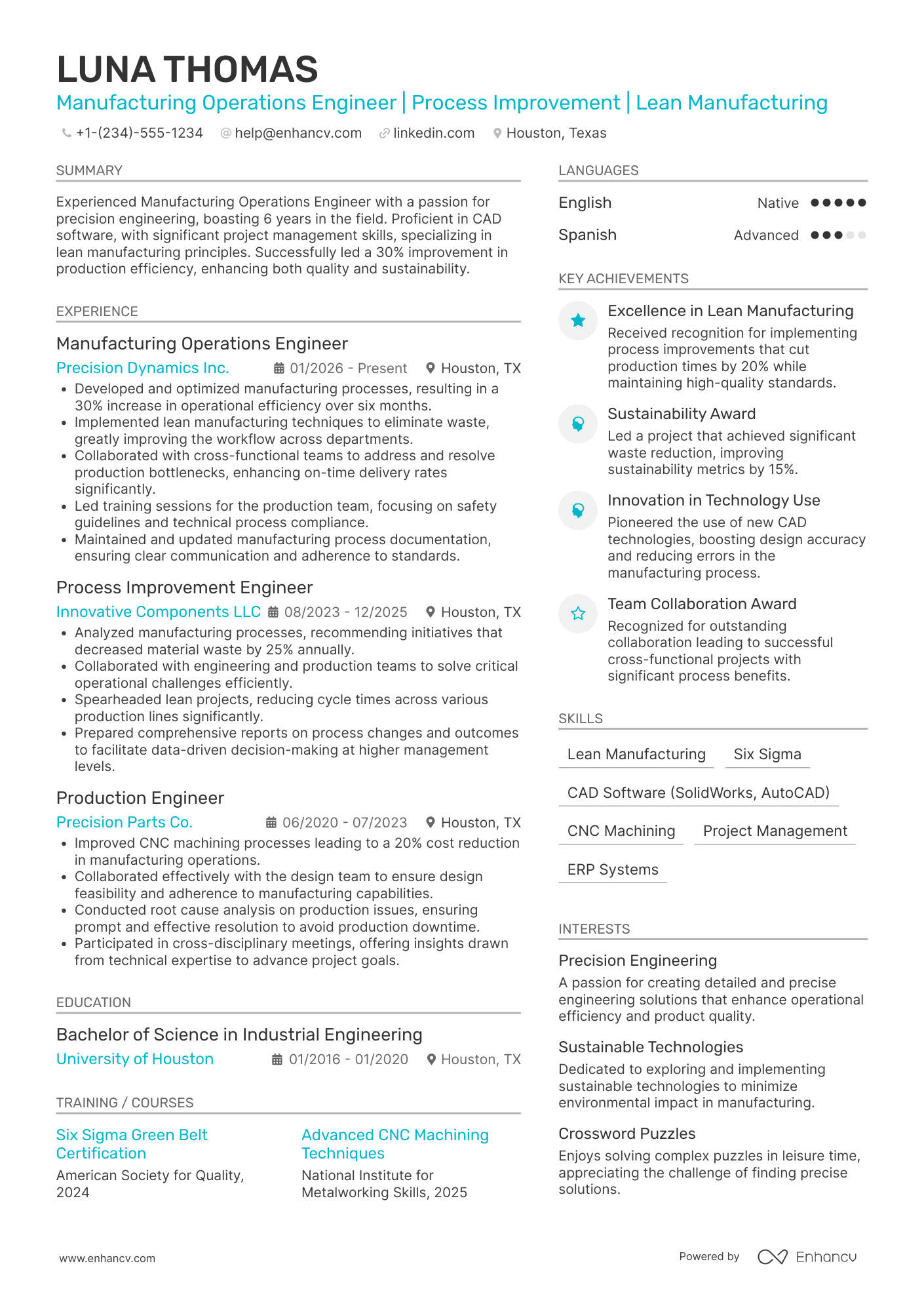 A resume example of a Manufacturing Operations Engineer