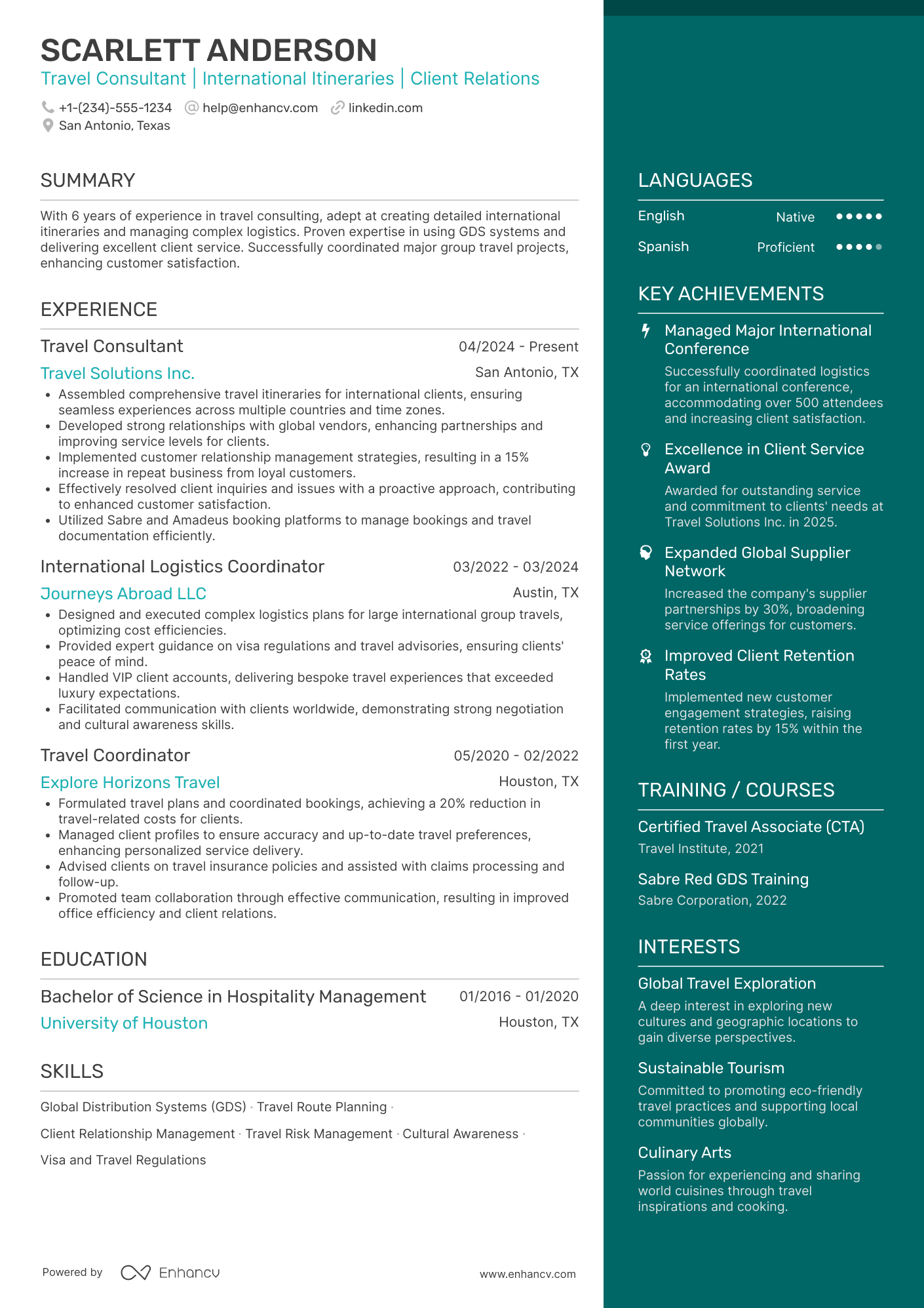 A resume example of a International Travel Consultant