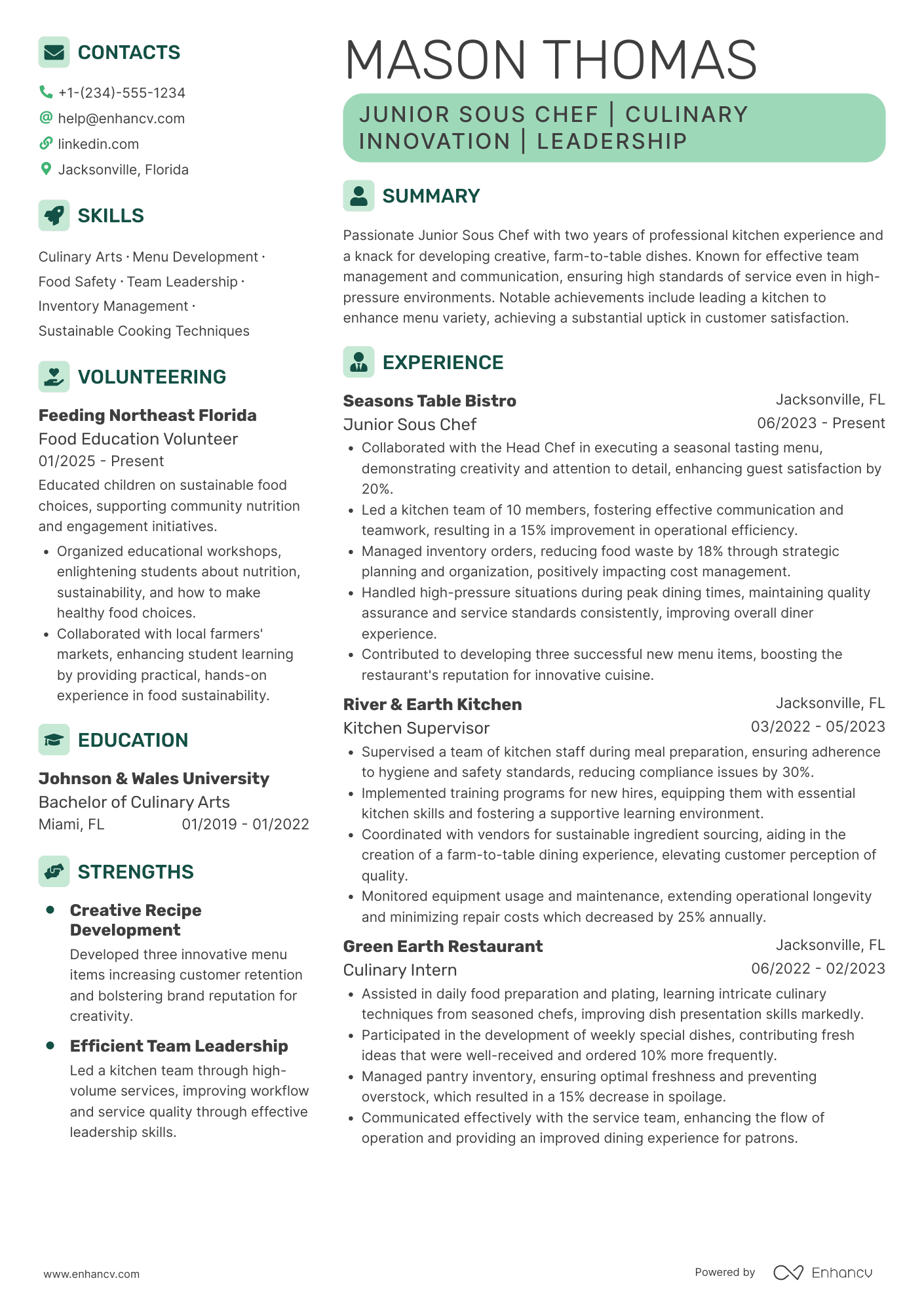 A resume example of a Junior Sous Chef