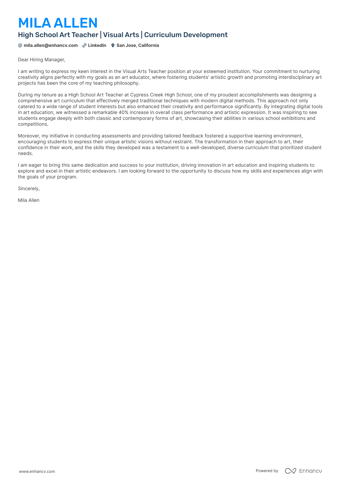 A resume example of a High School Art Teacher