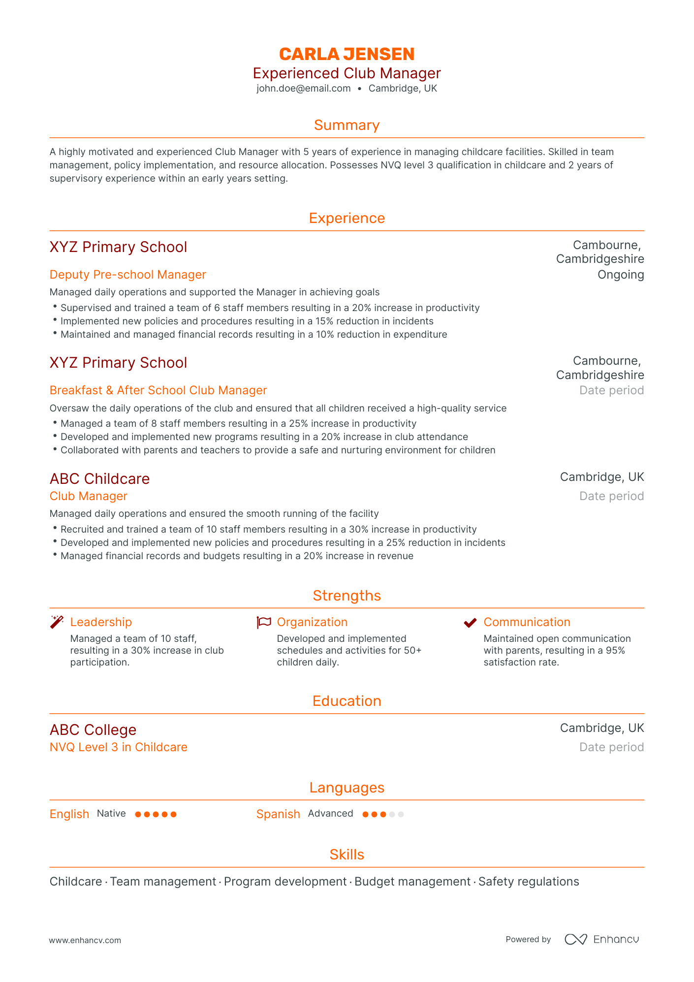 Traditional Club Manager Resume Template