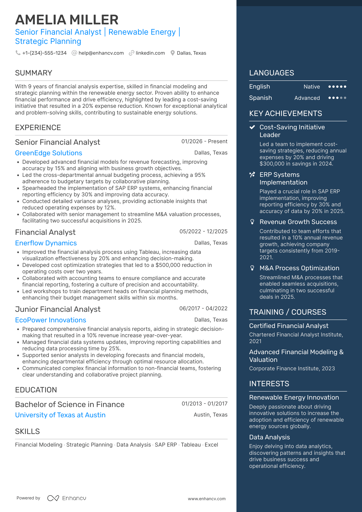 A resume example of a Senior Financial Analyst