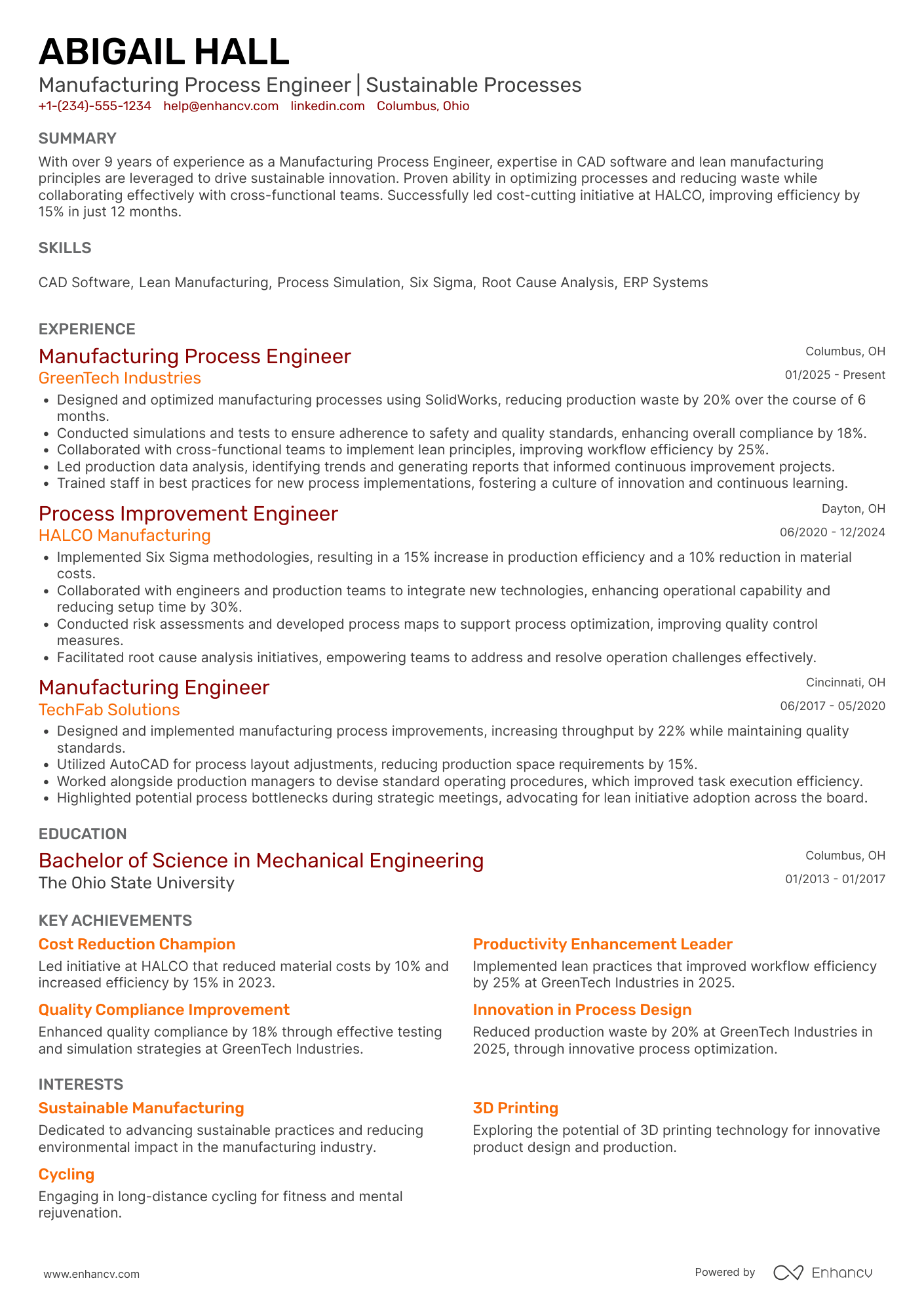 A resume example of a Manufacturing Process Engineer