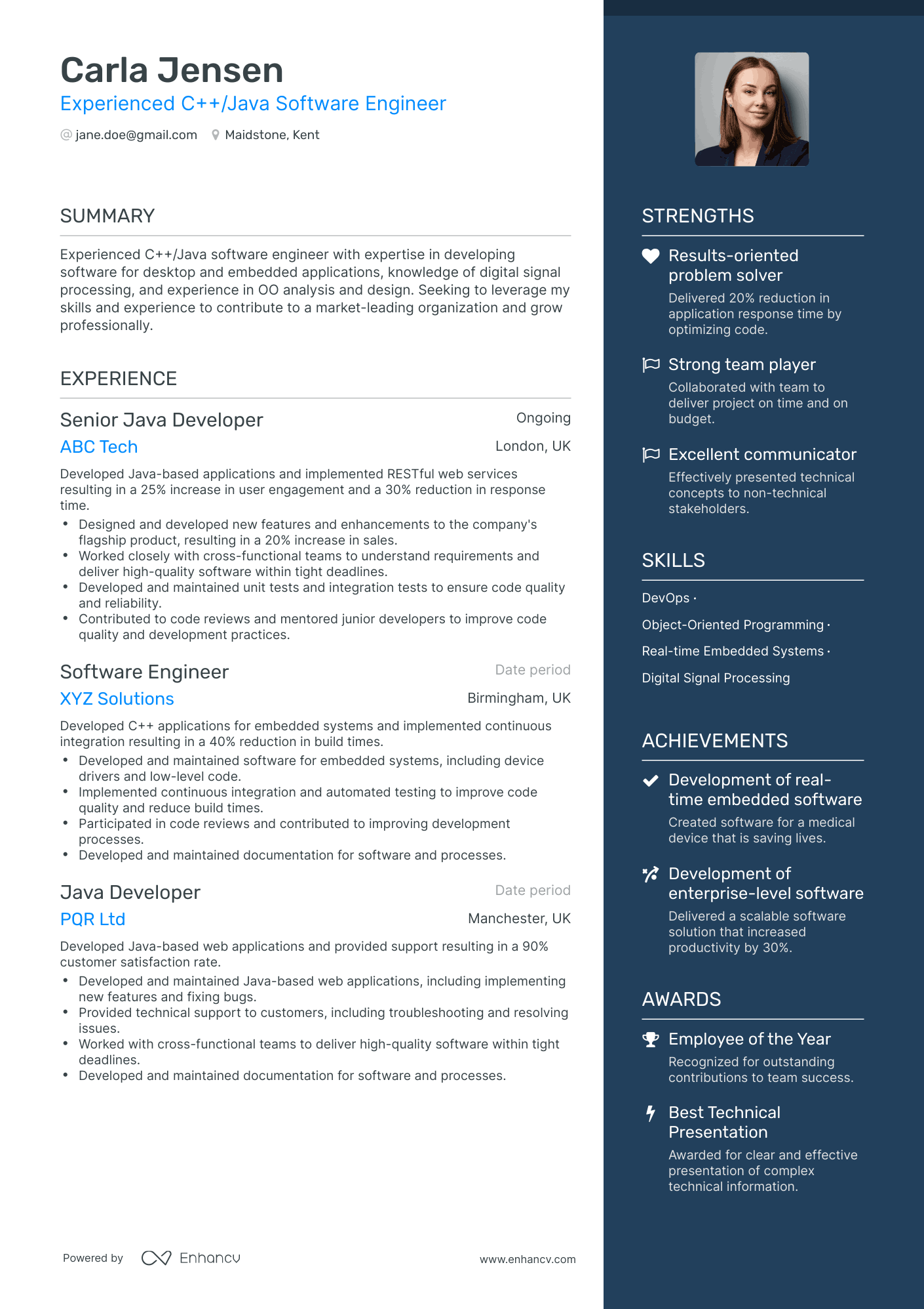 One Page Java Software Engineer Resume Template