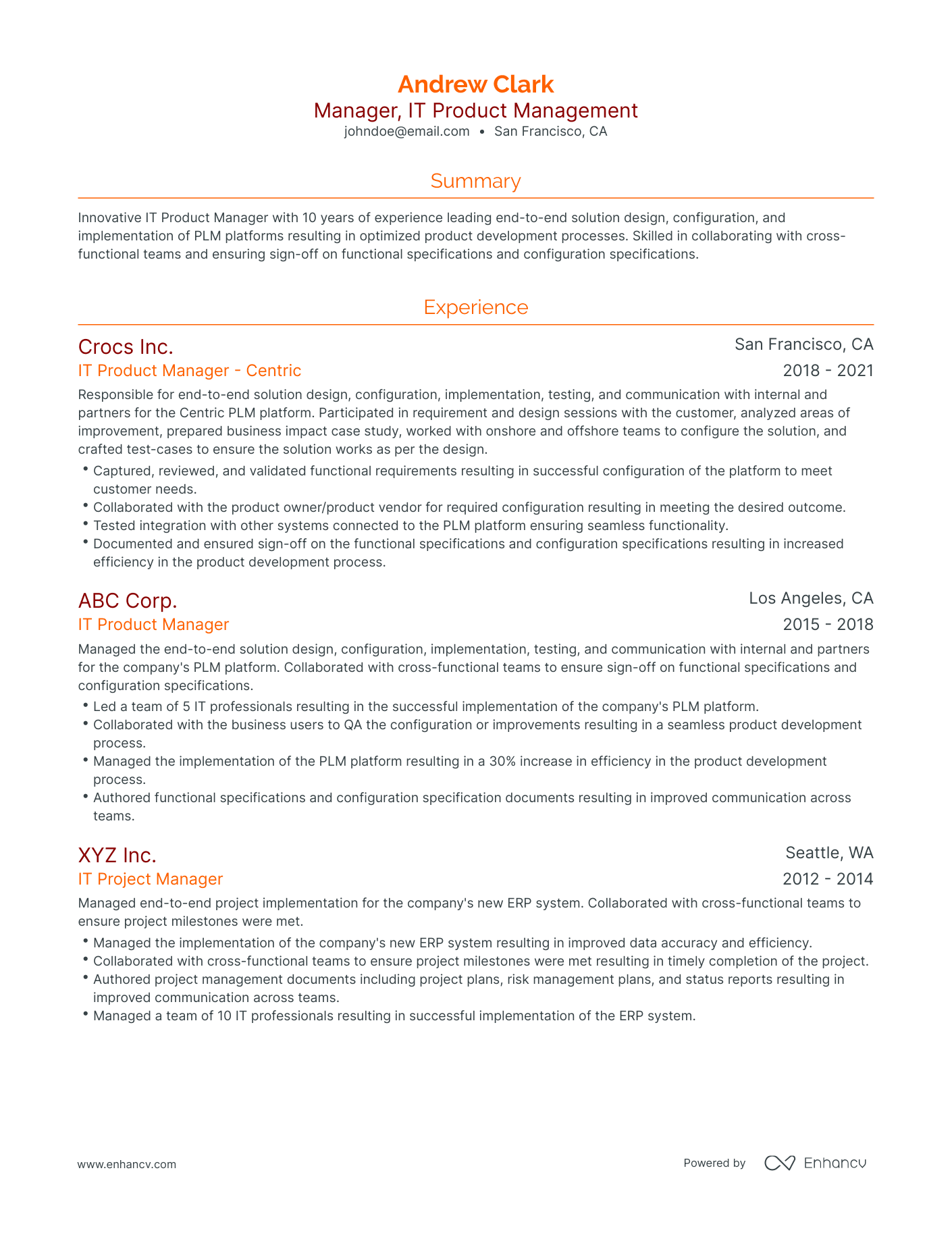 Traditional IT Product Manager Resume Template
