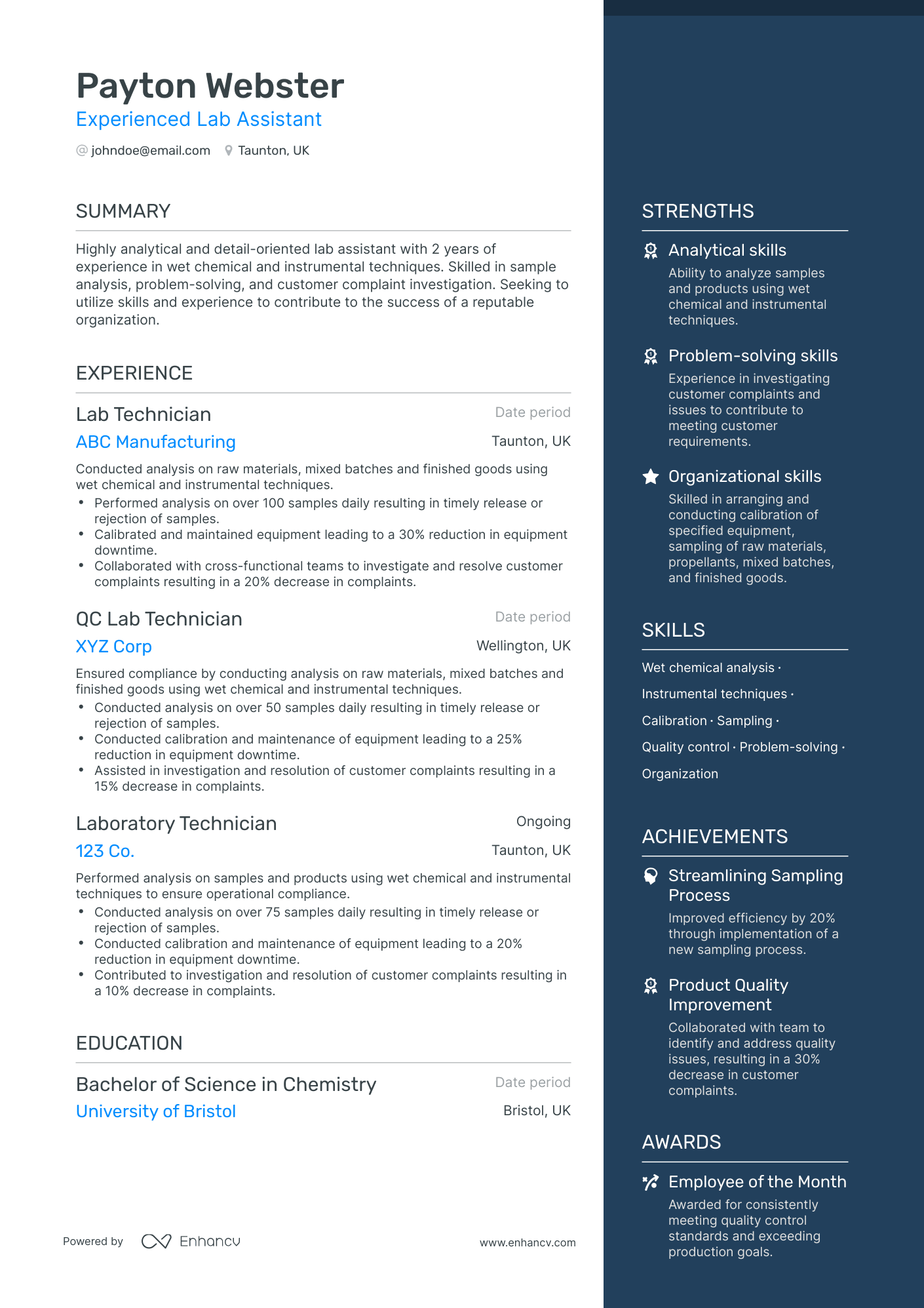 One Page Lab Assistant Resume Template
