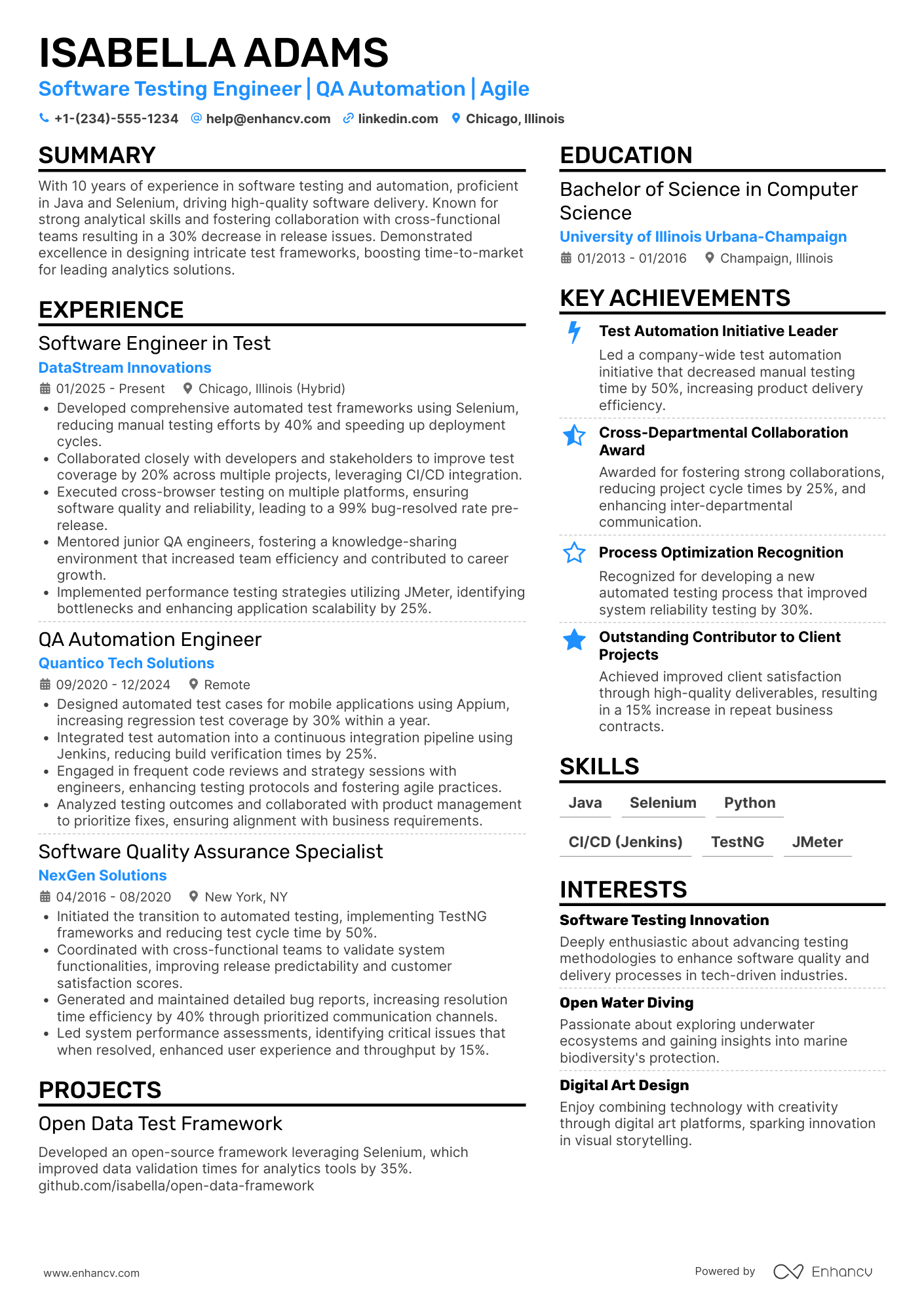 A resume example of a Software Engineer in Test