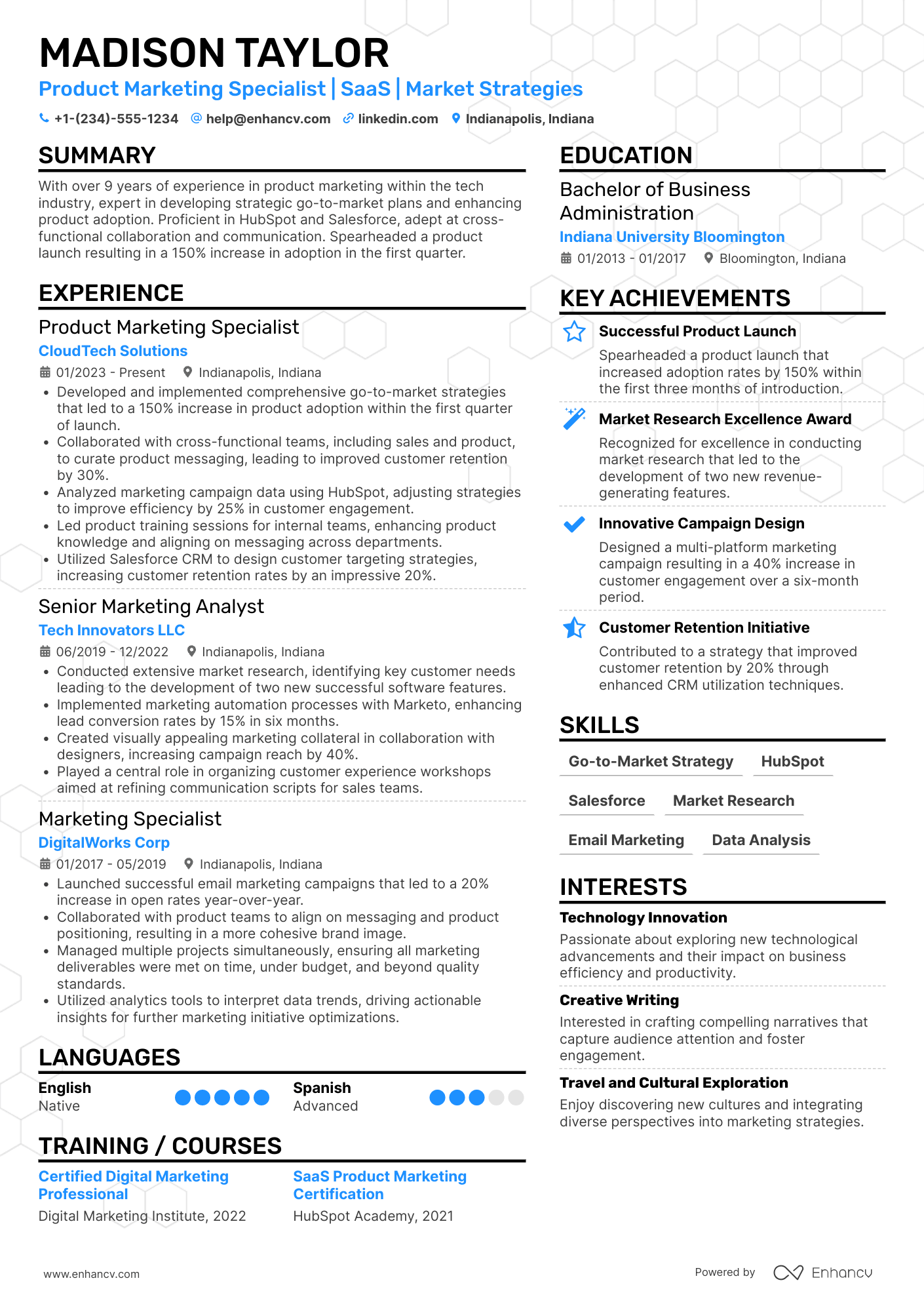 A resume example of a Product Marketing Specialist