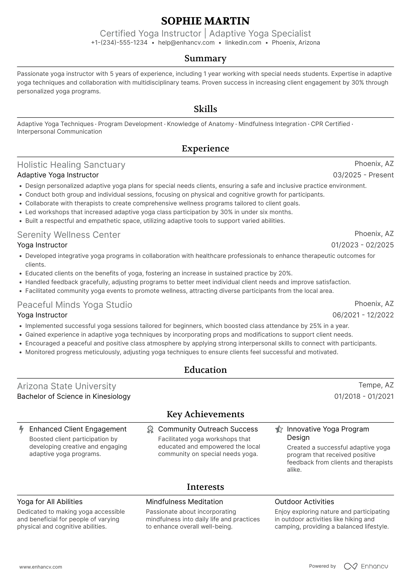 A resume example of a Yoga Instructor for Special Needs